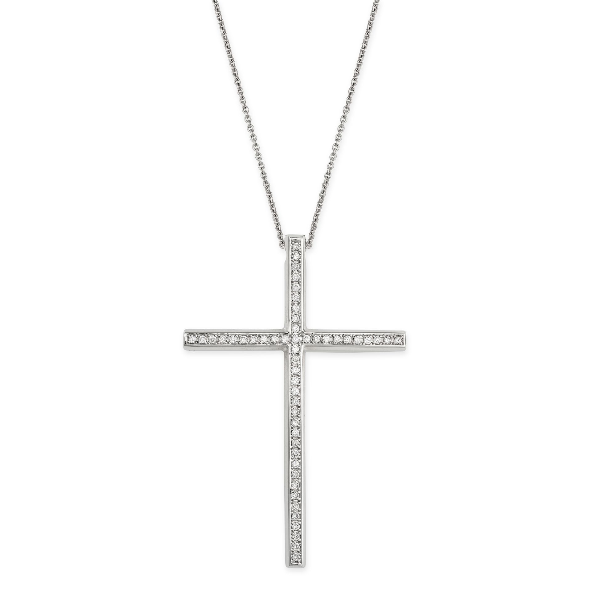 A DIAMOND CROSS PENDANT NECKLACE in white gold, designed as a cross set with round cut diamonds s...