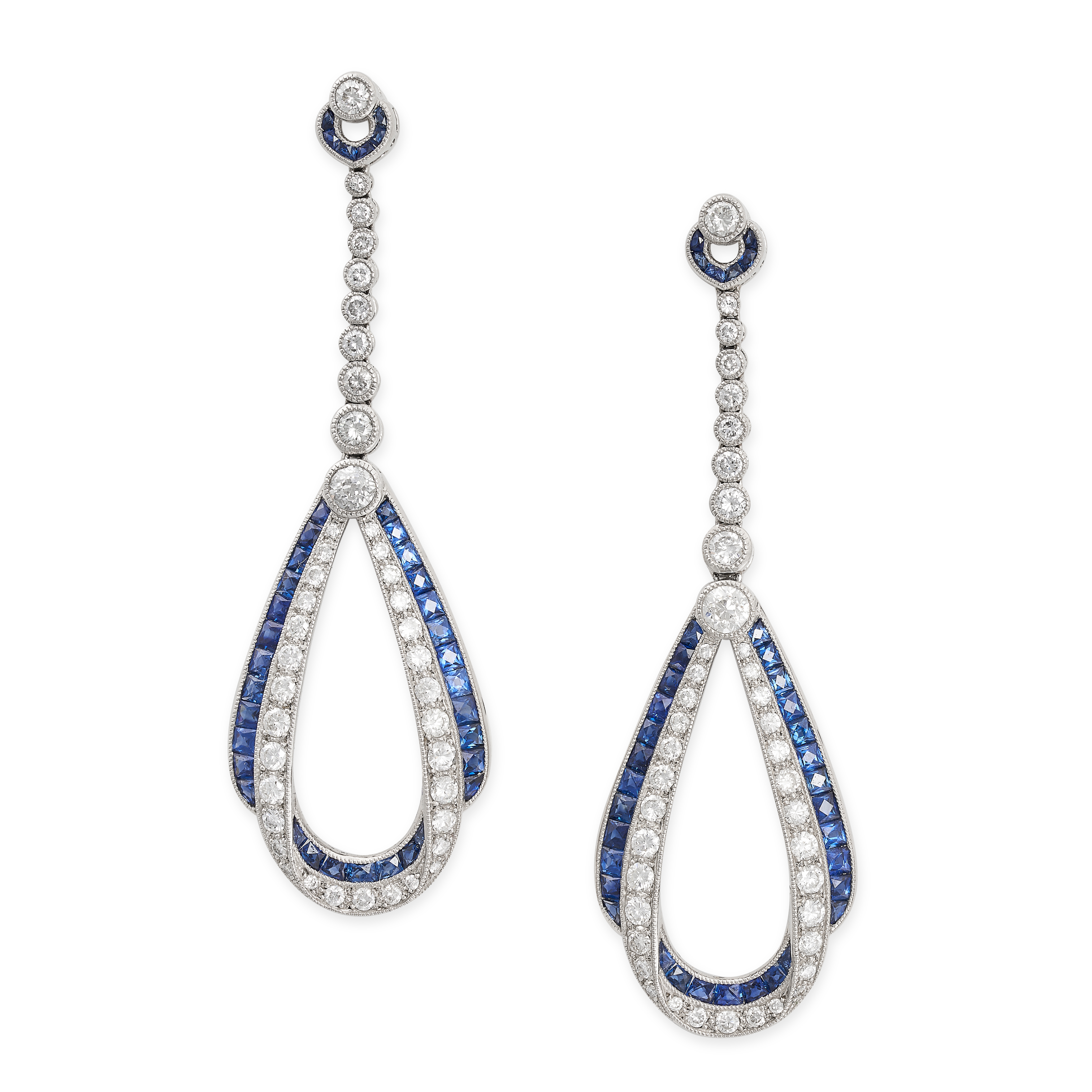 A PAIR OF SAPPHIRE AND DIAMOND DROP EARRINGS in 18ct white gold, each comprising a row of graduat...