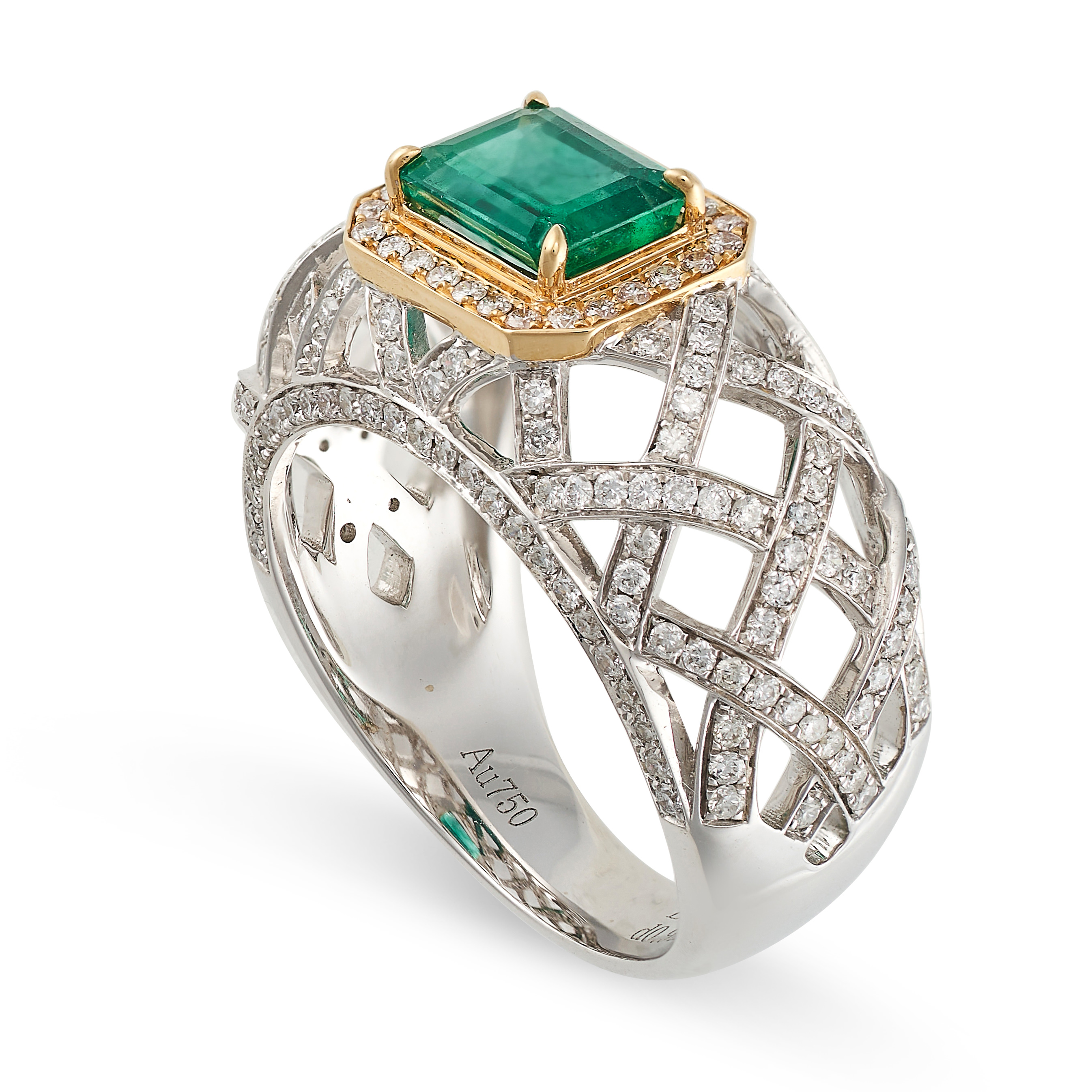 AN EMERALD AND DIAMOND DRESS RING in white and yellow gold, set with a step cut emerald of 1.28 c... - Image 2 of 2