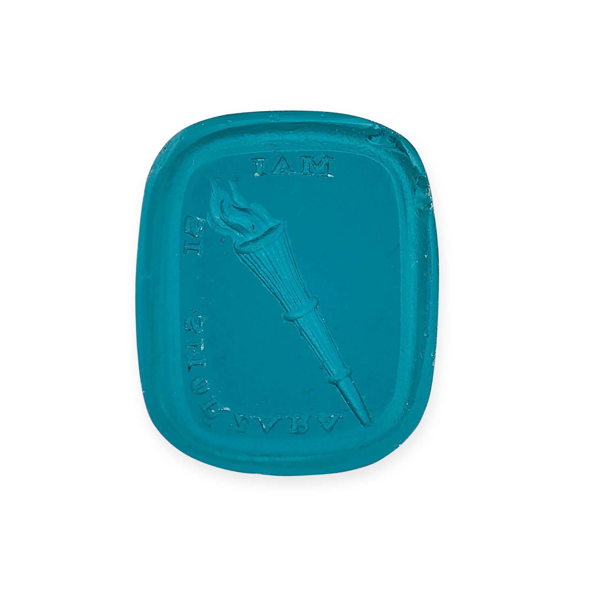 A MODERN MOULDED GLASS SEAL cast from an intaglio, the cushion shaped moulded teal blue glass...