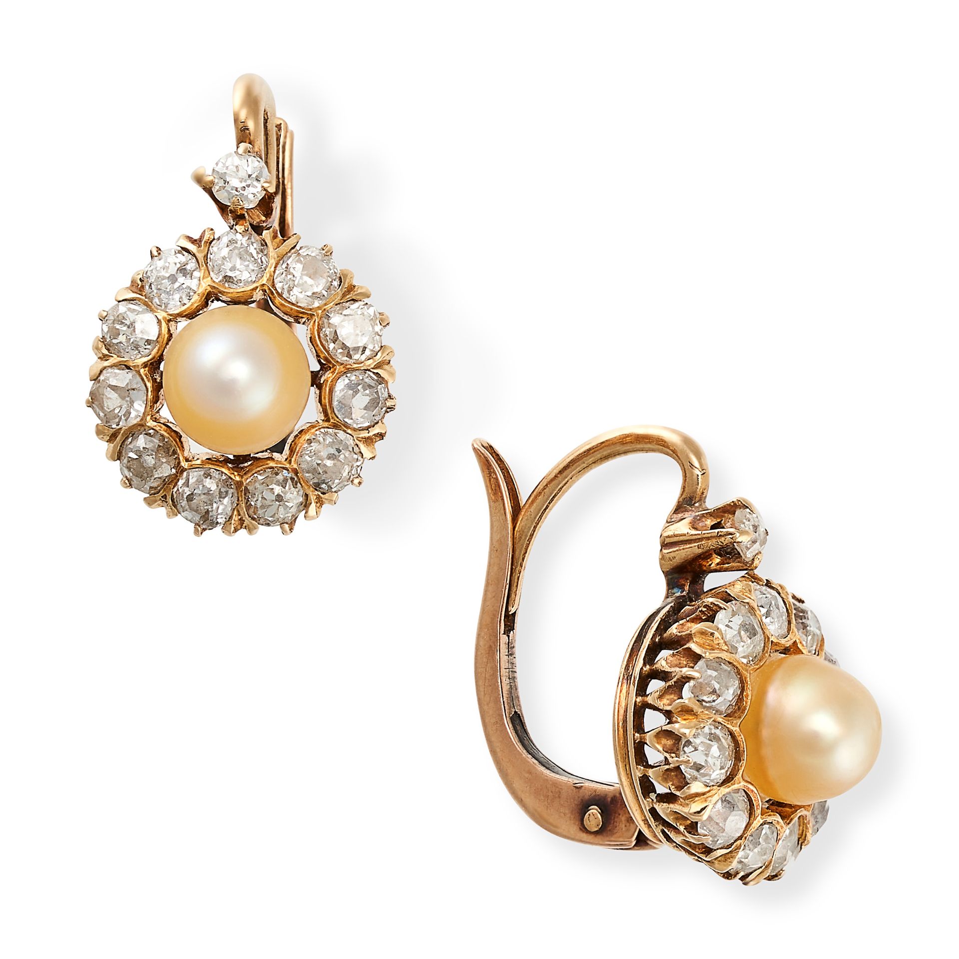 A PAIR OF ANTIQUE PEARL AND DIAMOND CLUSTER EARRINGS in yellow gold, each set with an old cut dia...