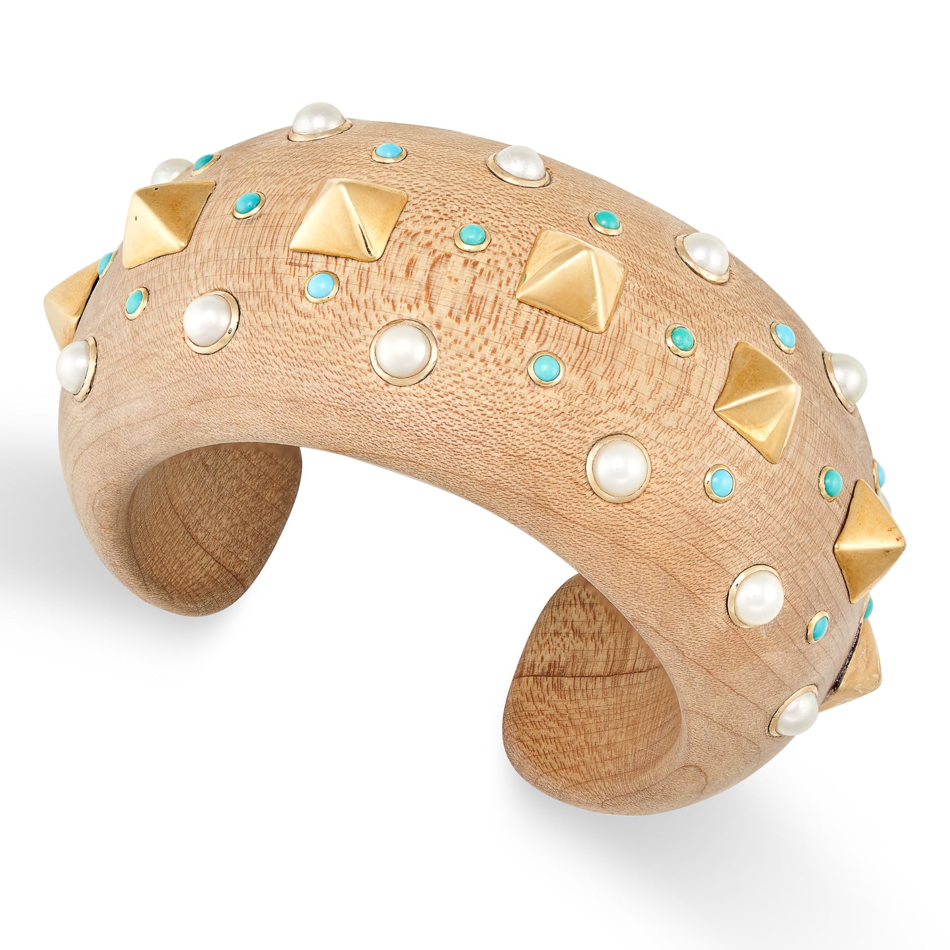 TRIANON, A WOOD, TURQUOISE AND PEARL BANGLE the open cuff bangle set with a row of gold studs acc...