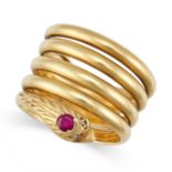 A VINTAGE RUBY AND DIAMOND SNAKE RING in 18ct yellow gold, designed as a coiled snake, the head s...