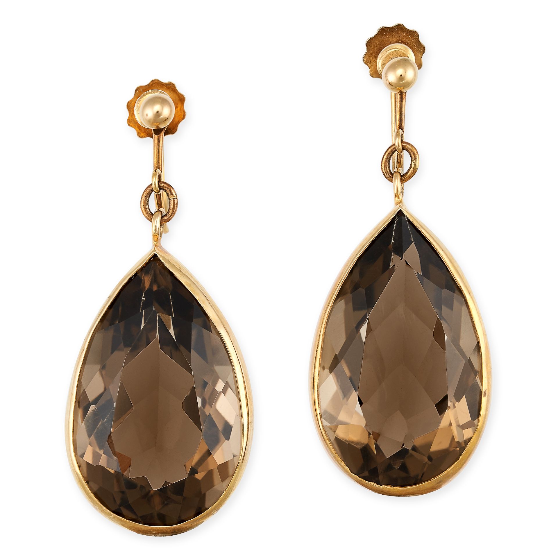 NO RESERVE - A PAIR OF SMOKY QUARTZ DROP EARRINGS in yellow gold, each comprising an articulated ...