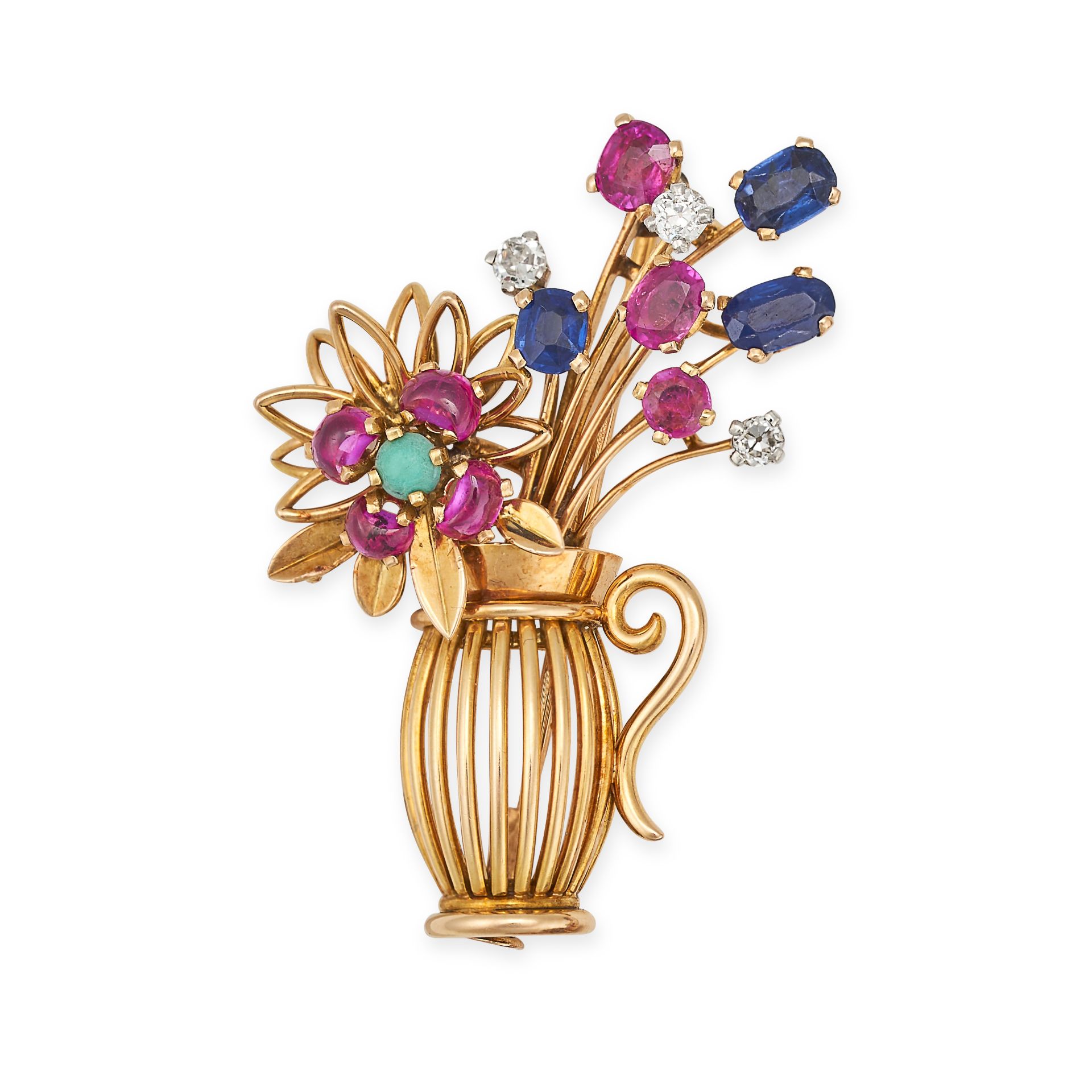 A FRENCH VINTAGE RUBY, SAPPHIRE, DIAMOND AND TURQUOISE BROOCH in 18ct yellow gold, designed as a ...