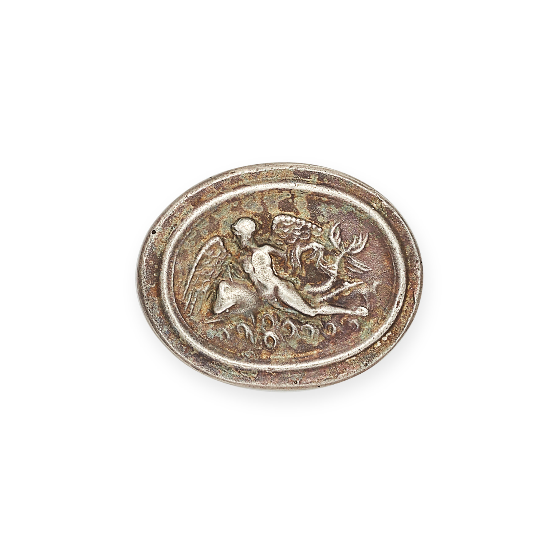 NO RESERVE - A SILVER CAMEO depicting Cupid riding a dolphin, 1.9cm, 4.6g.