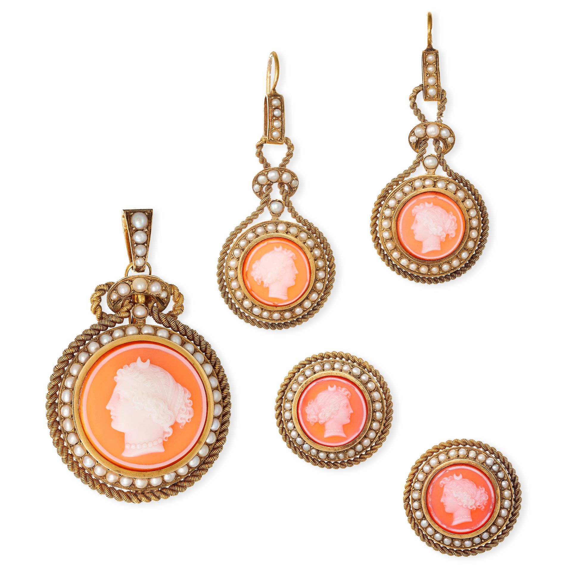 AN ANTIQUE FRENCH CAMEO SUITE in 18ct yellow gold, comprising a pendant / brooch, earrings, and t...