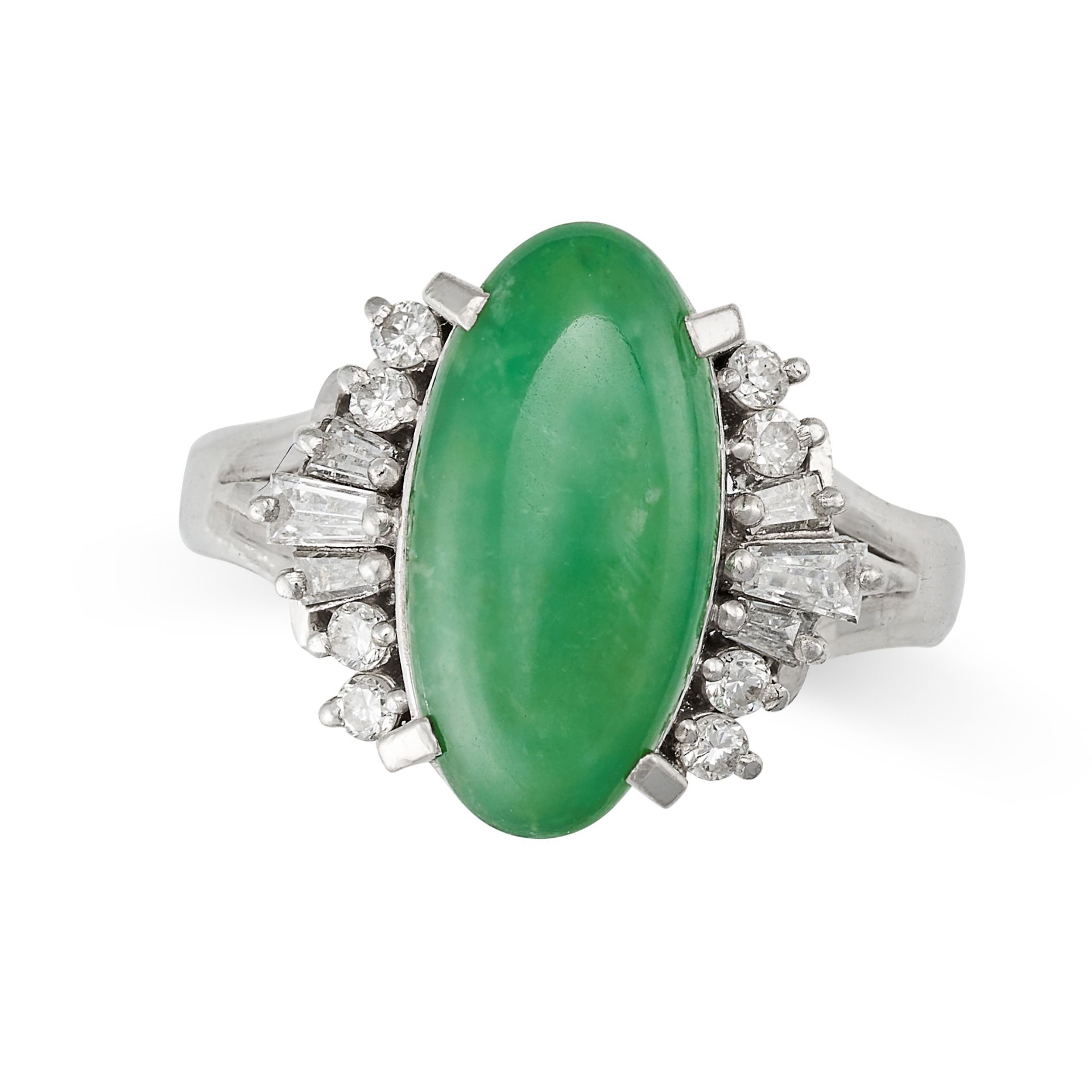 A JADEITE JADE AND DIAMOND RING in platinum, set with a cabochon jadeite jade accented by round b...