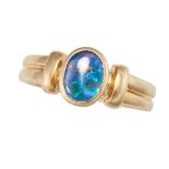 A BLACK OPAL DOUBLET DRESS RING in 9ct yellow gold, the ring set a black opal doublet to a stylis...