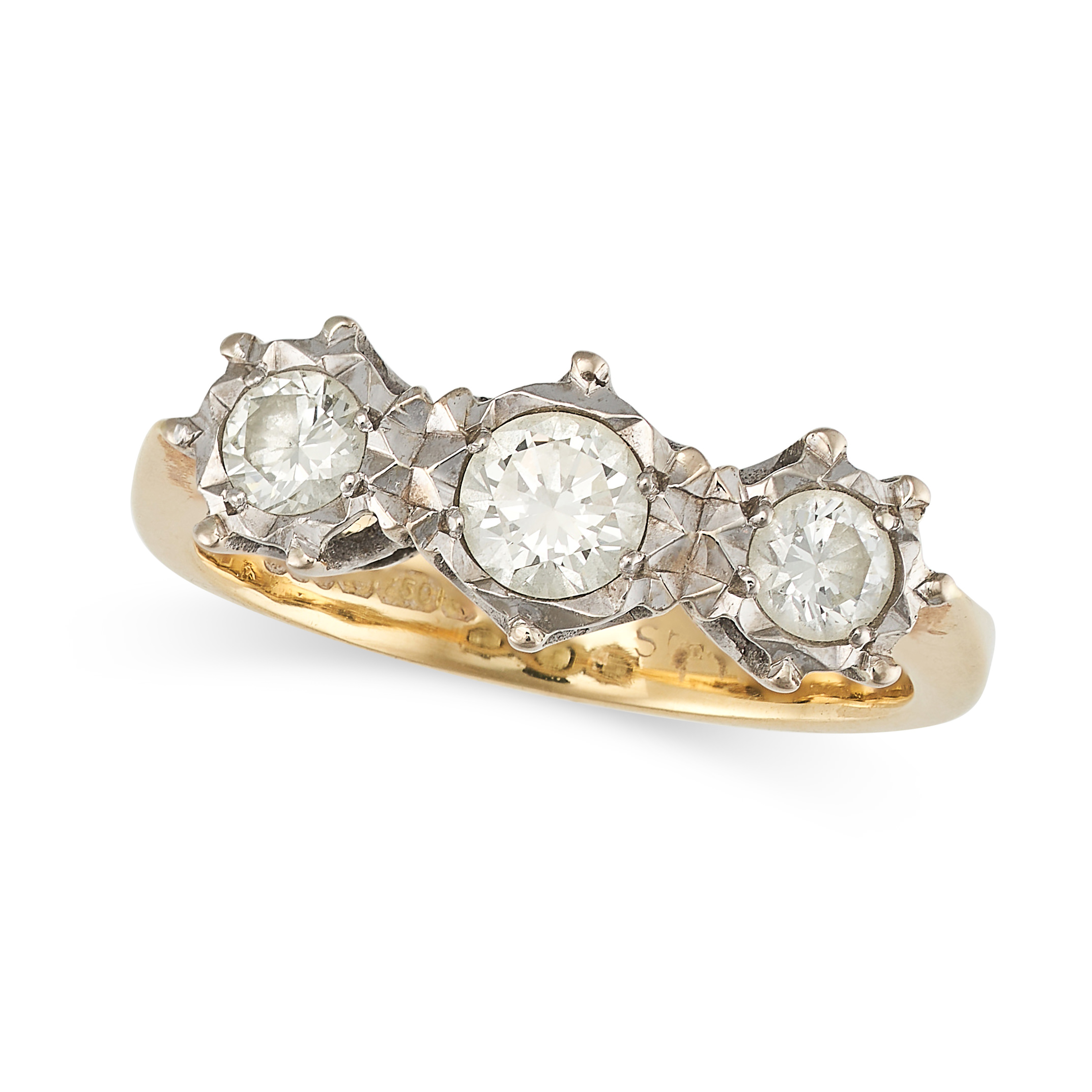 A DIAMOND THREE STONE RING in 18ct yellow gold, set with three round brilliant cut diamonds, part...