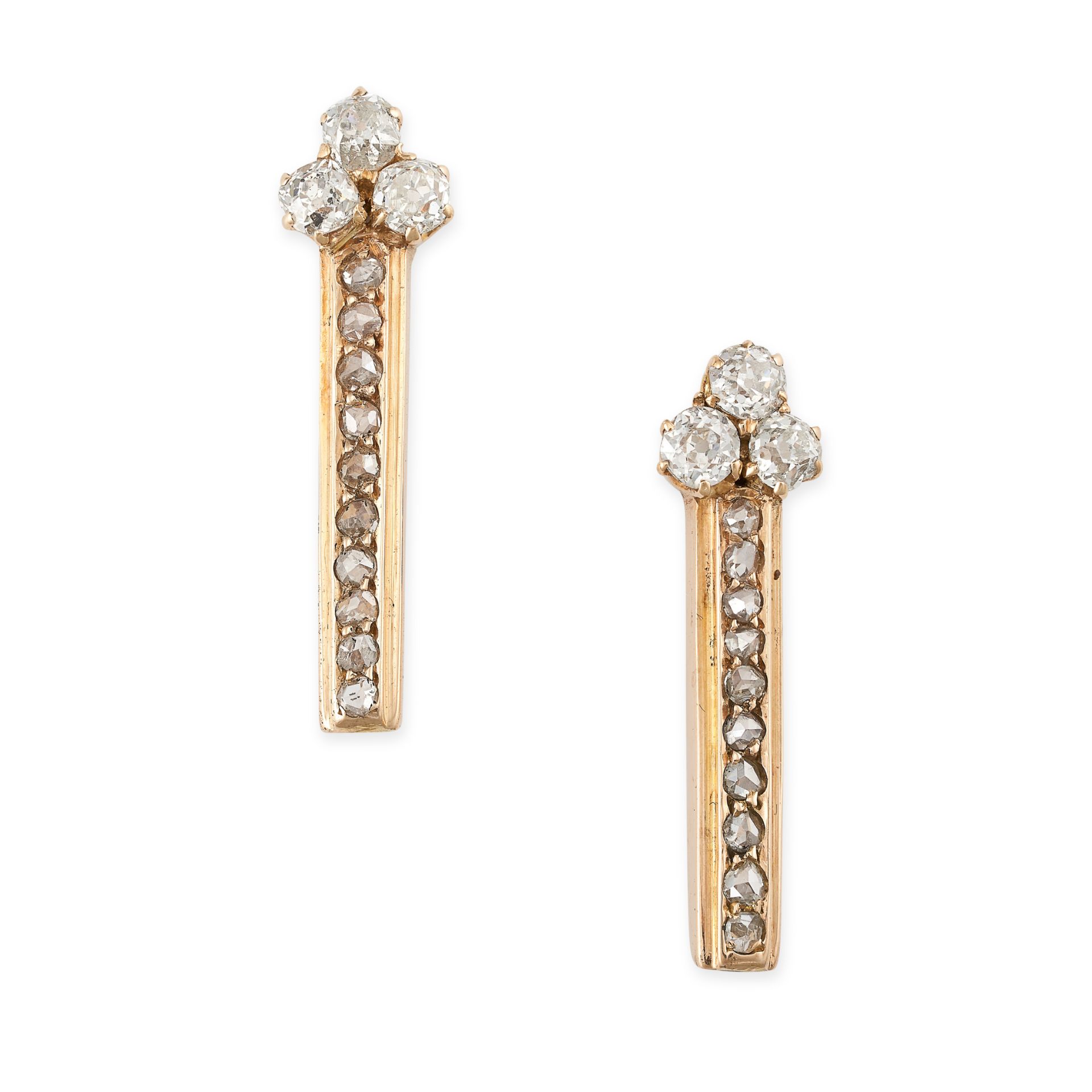 A PAIR OF DIAMOND DROP EARRINGS in 18ct yellow gold, each set with a trio of old cut diamonds sus...
