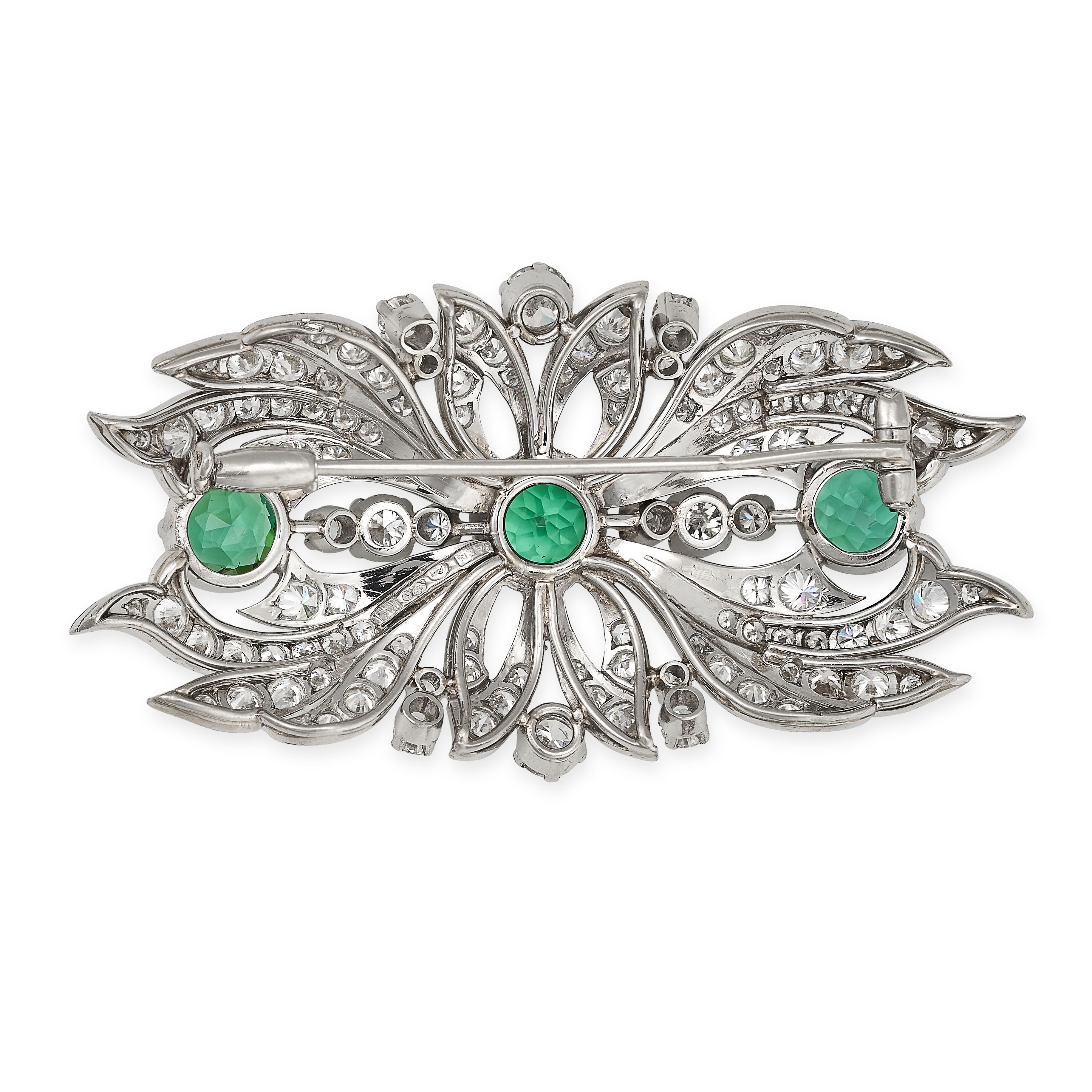 A GREEN TOURMALINE AND DIAMOND BROOCH in 18ct white gold, in foliate design, set with three round... - Image 2 of 2