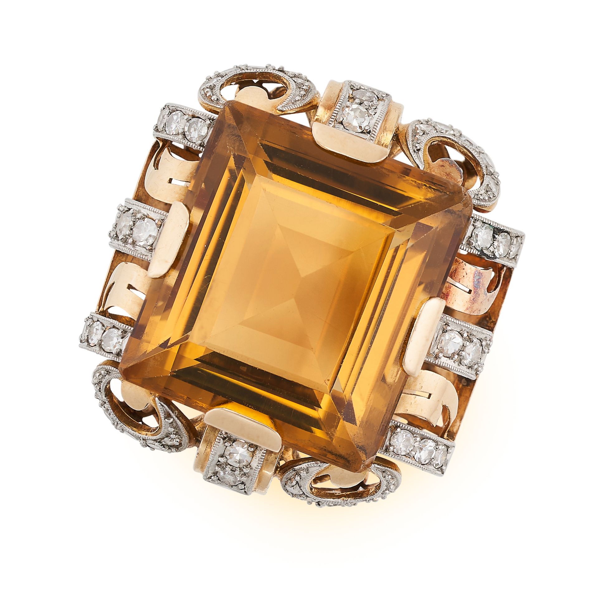 A RETRO CITRINE AND DIAMOND RING COCKTAIL RING in rose and white gold, set with a step cut citrin...