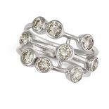 A DIAMOND BUBBLE RING in 18ct white gold, the trifurcated band set with round brilliant cut diamo...