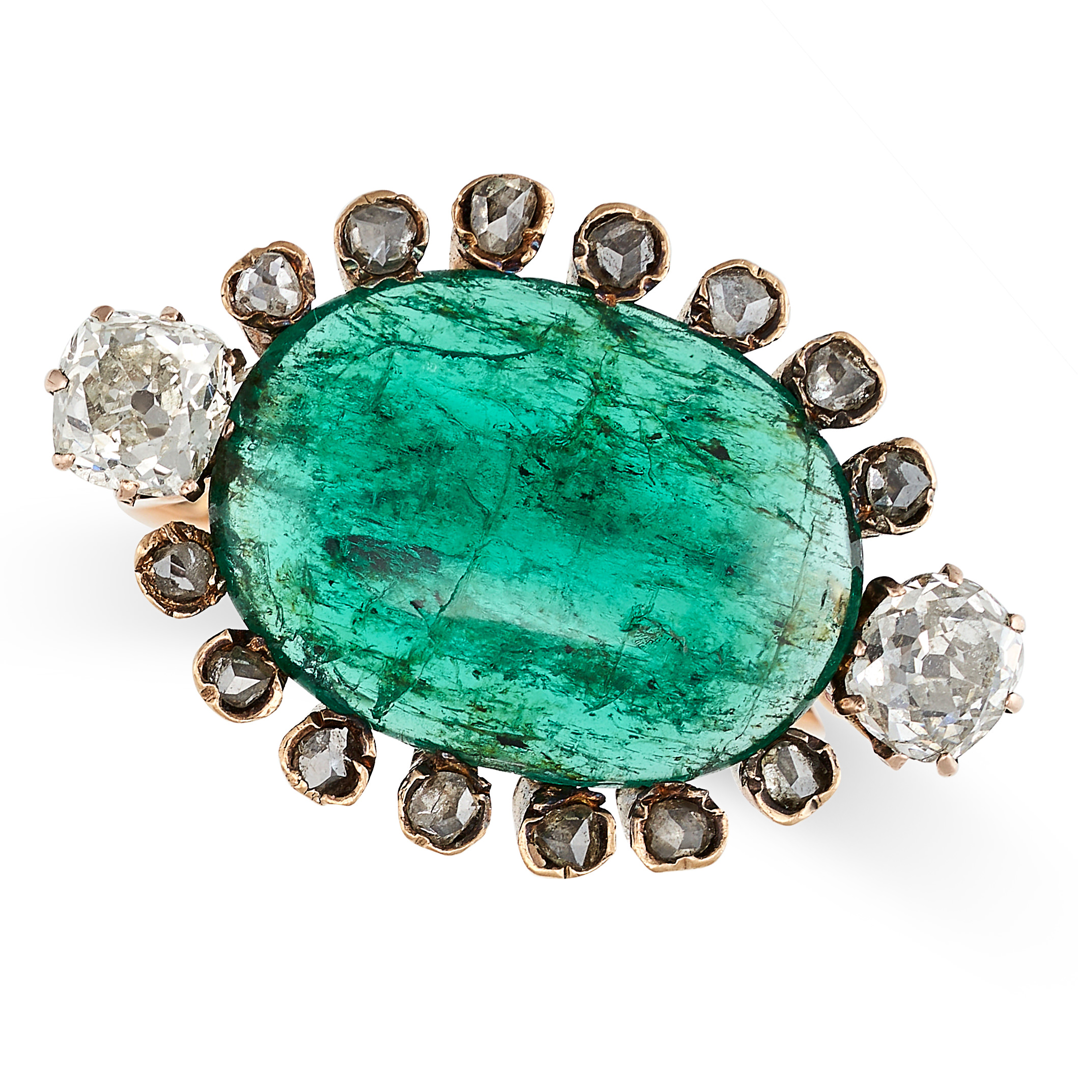 AN EMERALD AND DIAMOND DRESS RING in high carat yellow gold, set with an oval cabochon emerald of...