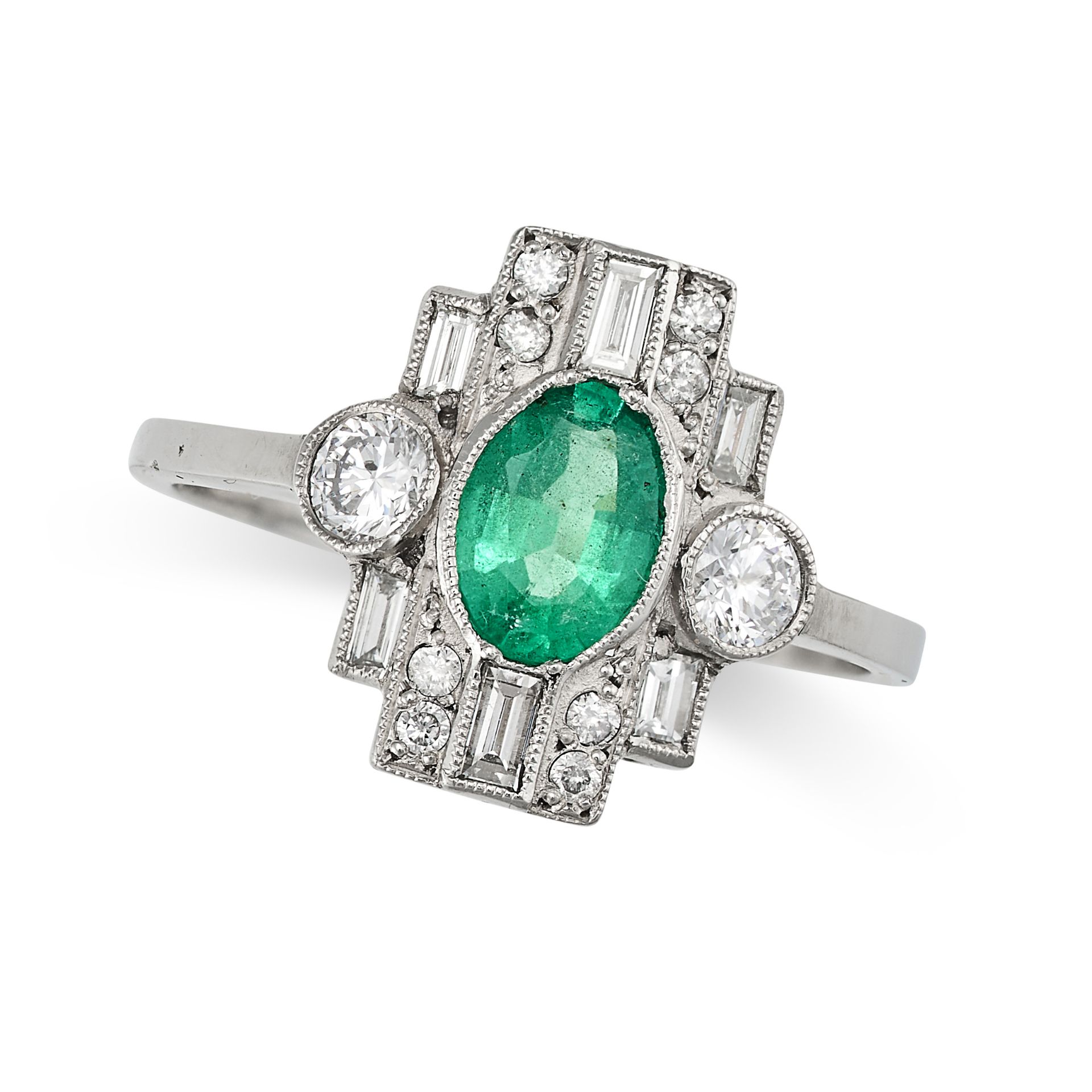 AN EMERALD AND DIAMOND RING in platinum, set with an oval cut emerald accented by round brilliant...