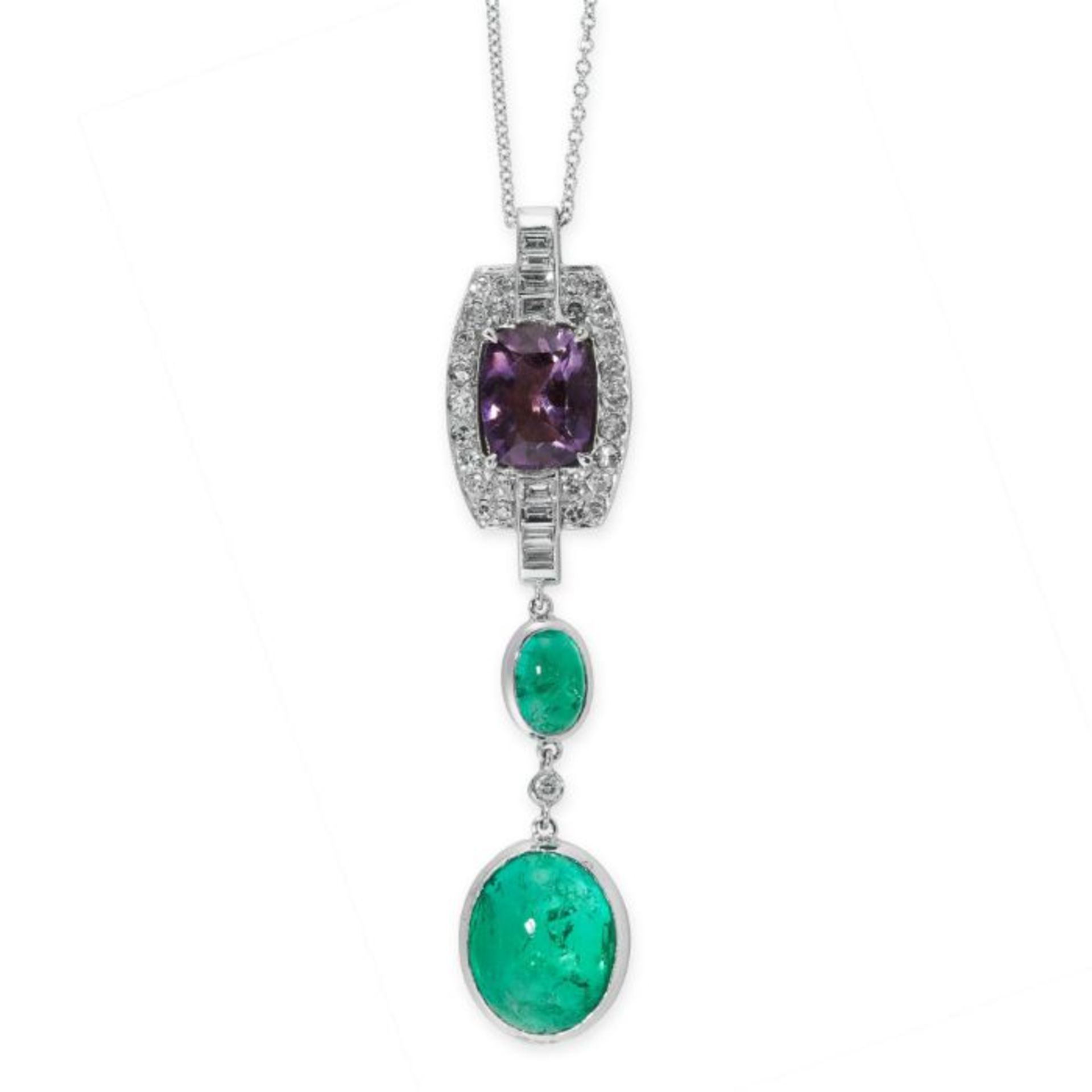 NO RESERVE - A COLOMBIAN EMERALD, AMETHYST AND DIAMOND PENDANT NECKLACE in 18ct white gold and pl...