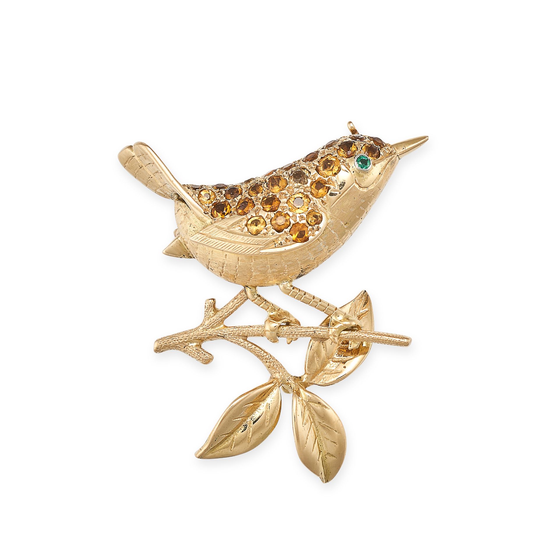 AN EMERALD AND CITRINE BIRD BROOCH in yellow gold, modelled as a bird perched on a branch, the bo...