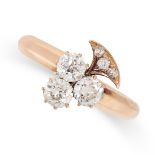 A DIAMOND CLOVER RING in rose gold, set with three principal old mine cut diamonds, the stem acce...