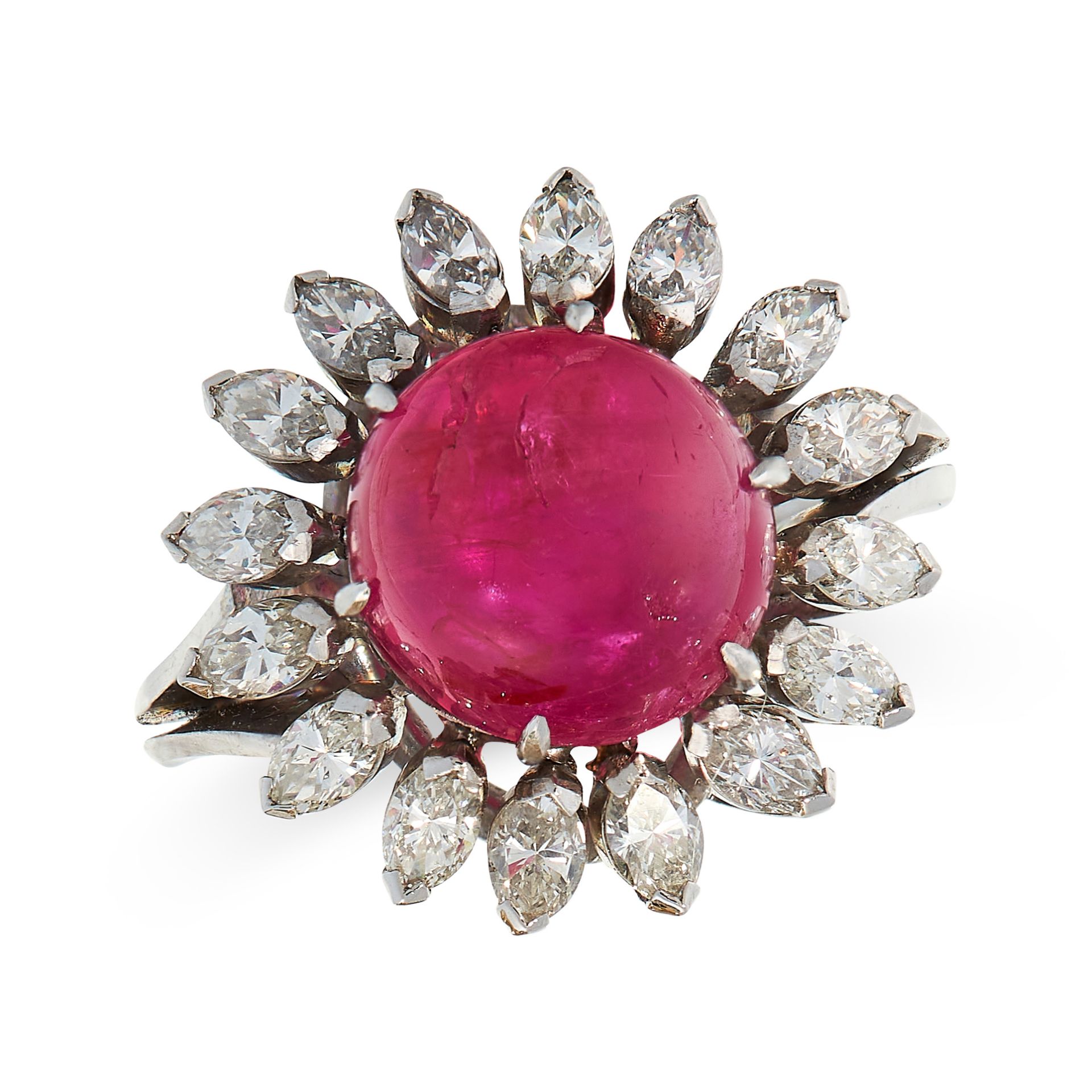 NO RESERVE - A BURMA NO HEAT RUBY AND DIAMOND CLUSTER RING set with a round cabochon ruby of 7.26...
