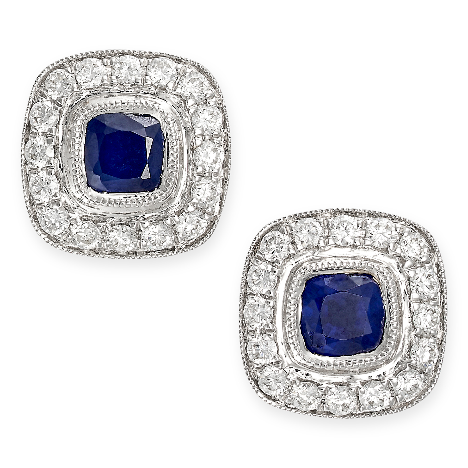 A PAIR OF SAPPHIRE AND DIAMOND CLUSTER STUD EARRINGS in 18ct white gold, each set with a cushion ...