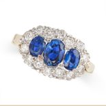A SAPPHIRE AND DIAMOND THREE STONE CLUSTER RING in 14ct yellow and white gold, set with three ova...