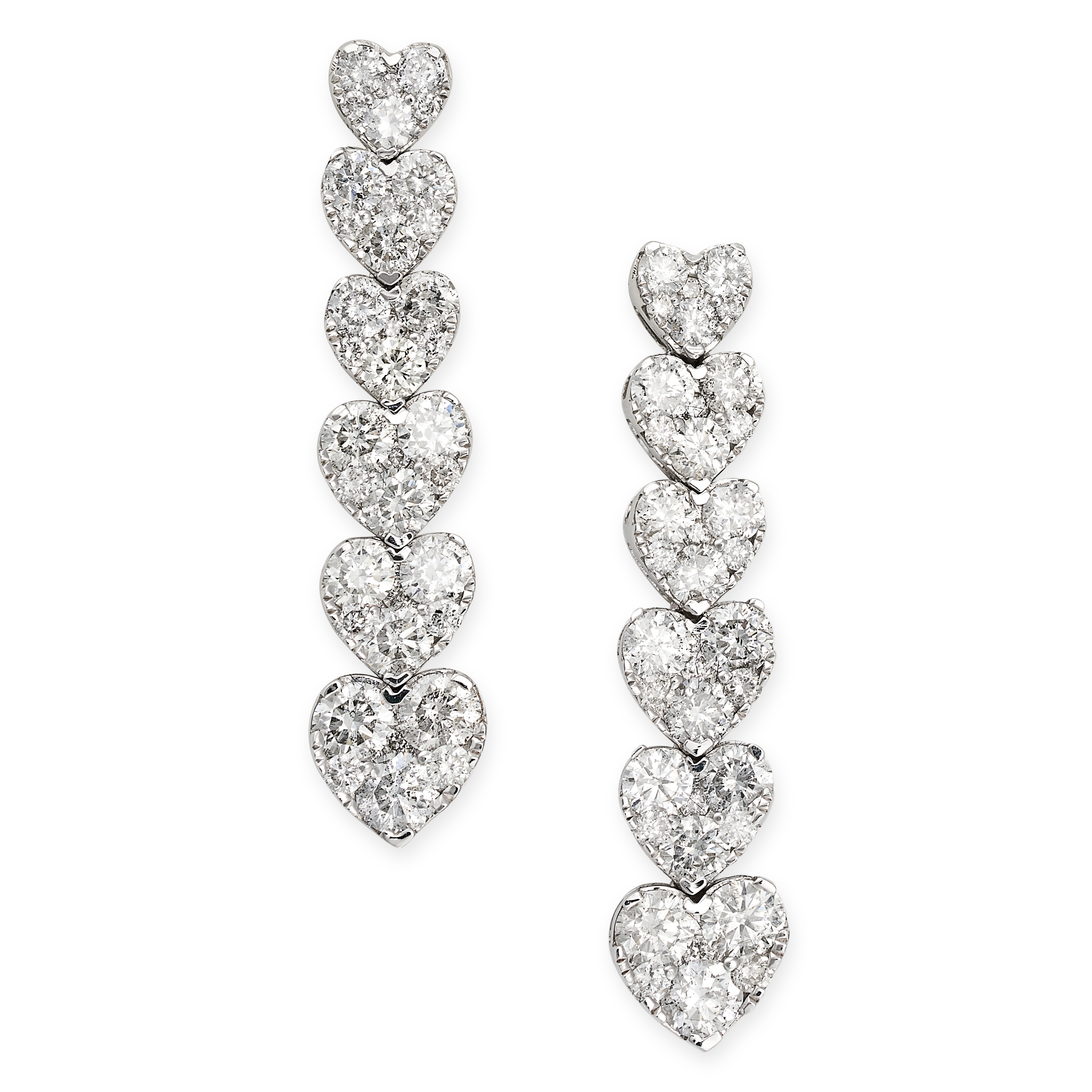 A PAIR OF DIAMOND HEART DROP EARRINGS in 18ct white gold, comprising a row of six graduated heart...