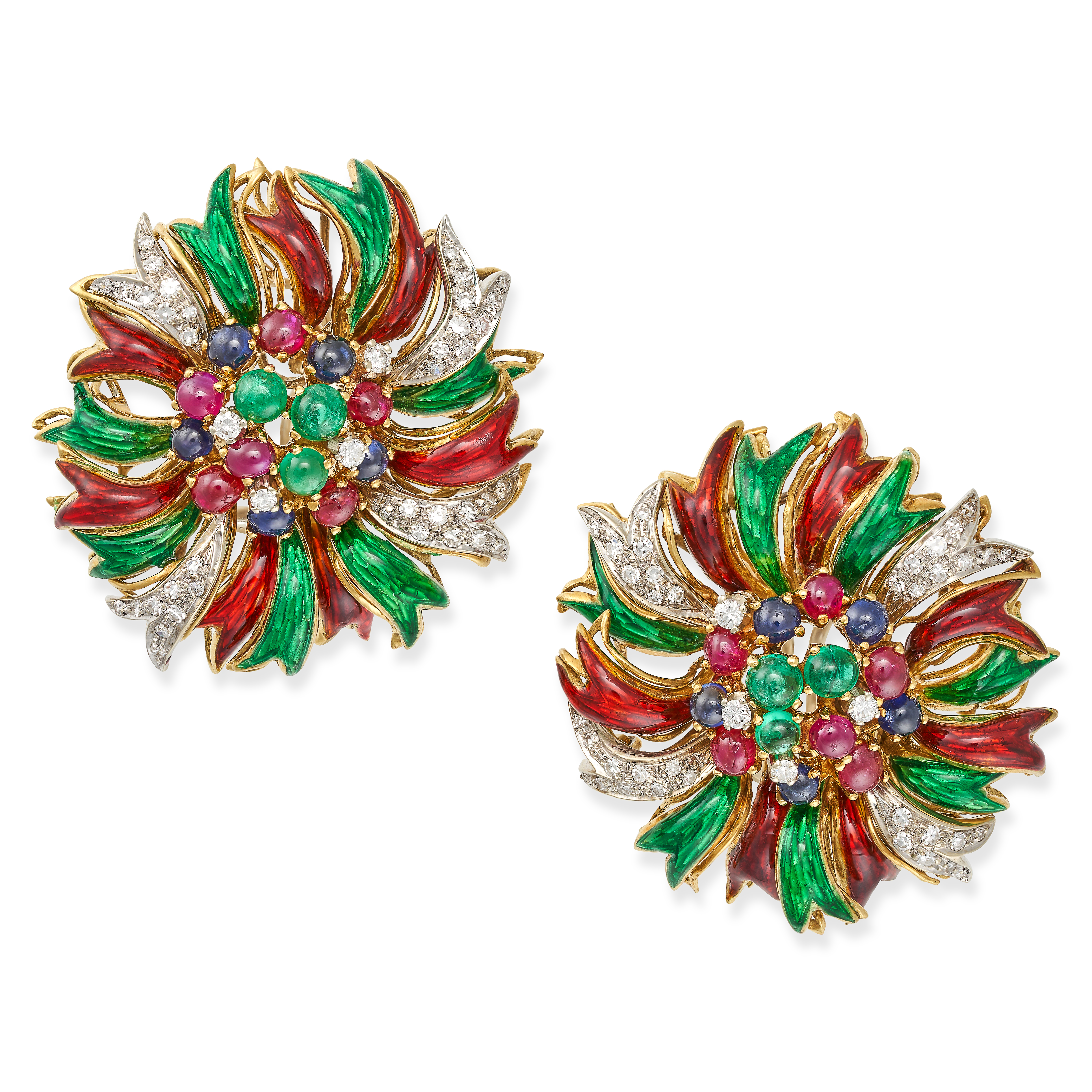 A PAIR OF RUBY, EMERALD, SAPPHIRE, DIAMOND AND ENAMEL CLIP EARRINGS in 18ct yellow gold, each  se...