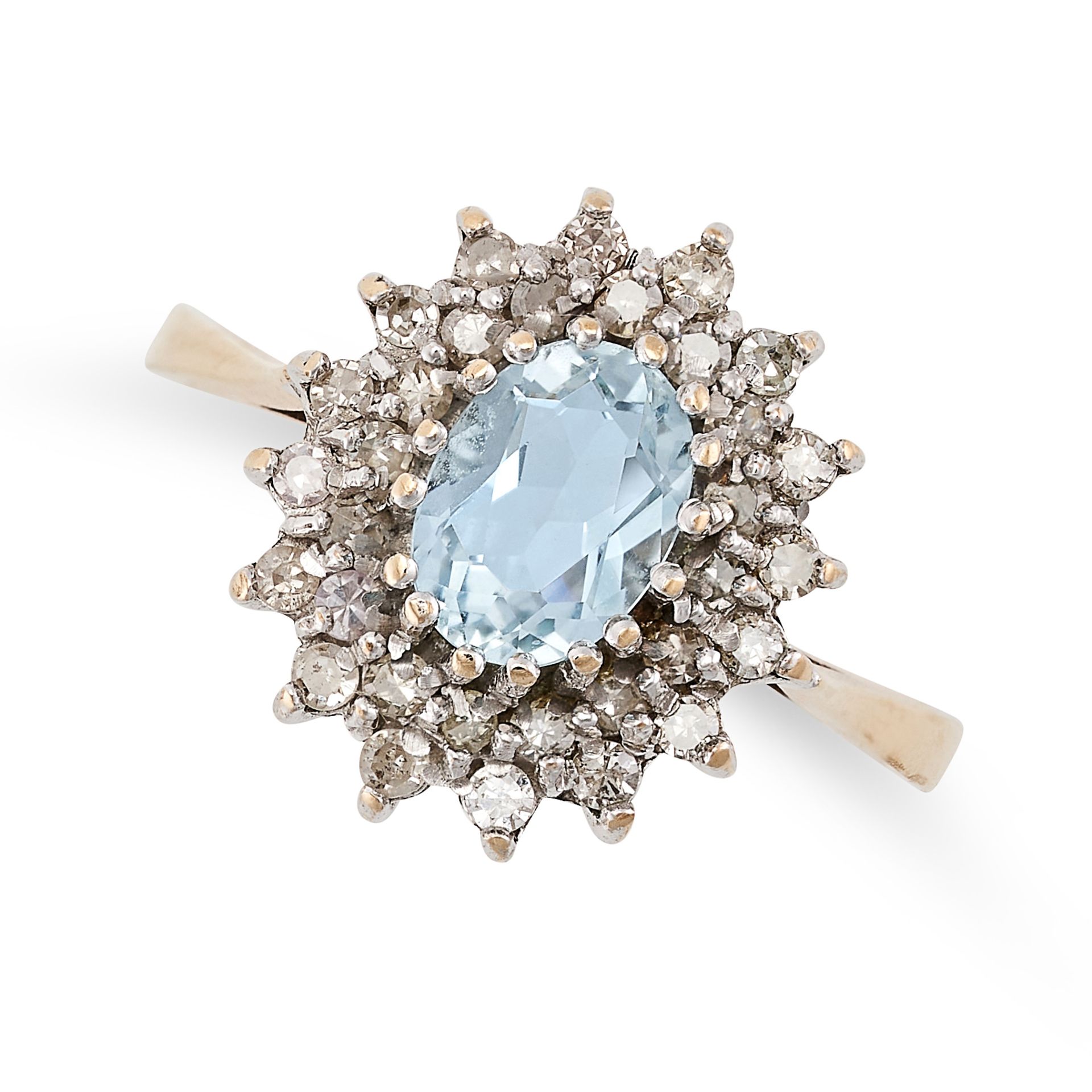 A VINTAGE  AQUAMARINE AND DIAMOND CLUSTER RING in 9ct yellow gold, set with an oval cut aquamarin...