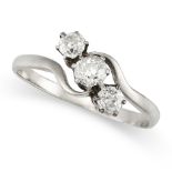 NO RESERVE - A DIAMOND THREE STONE RING in platinum, set with three old cut diamonds, stamped PLA...