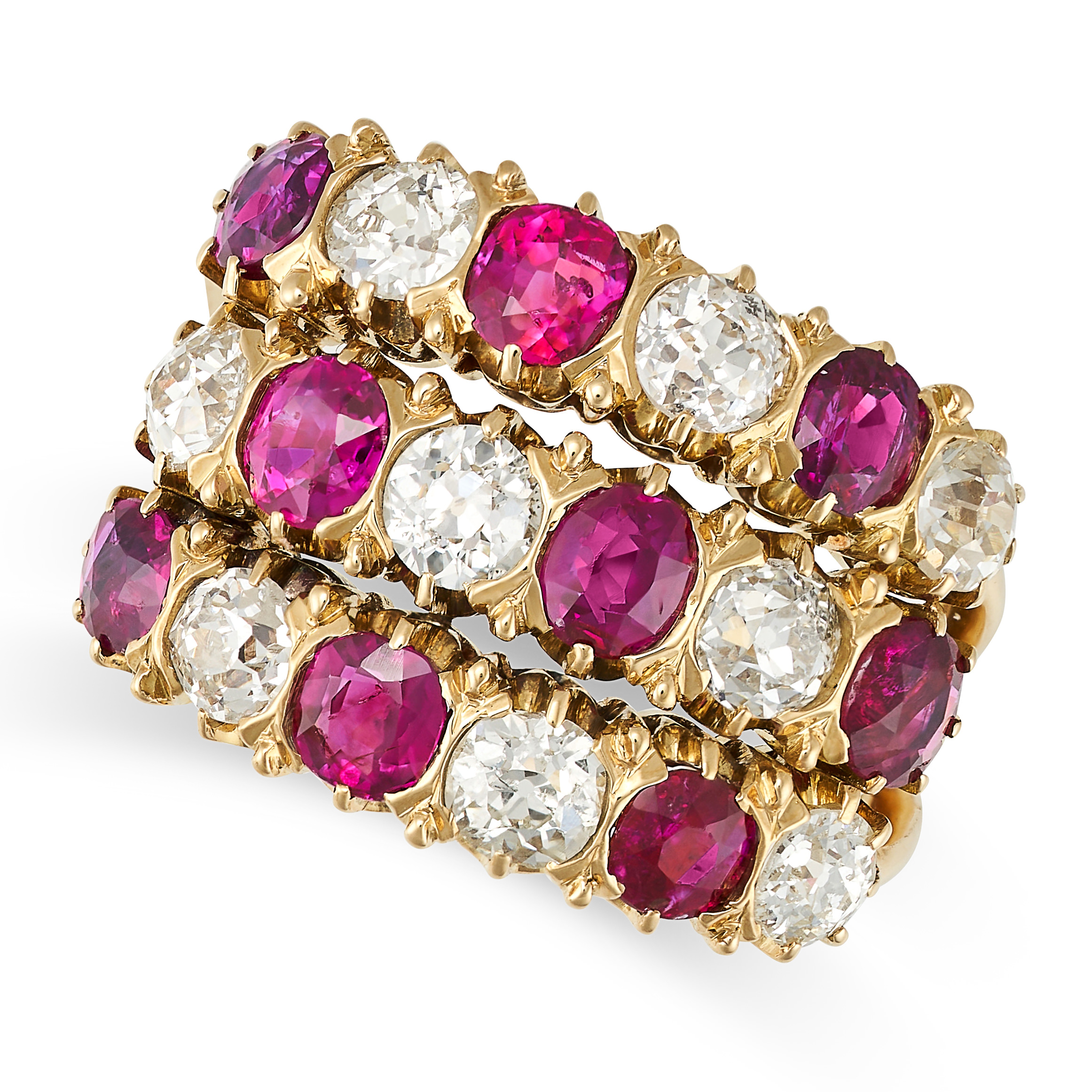 A VINTAGE RUBY AND DIAMOND CHECKERBOARD RING in yellow gold, the ring set with three rows of alte...