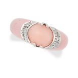 NO RESERVE - A CORAL, DIAMOND AND ENAMEL RING in 18ct white gold, set with a pink coral cabochon ...