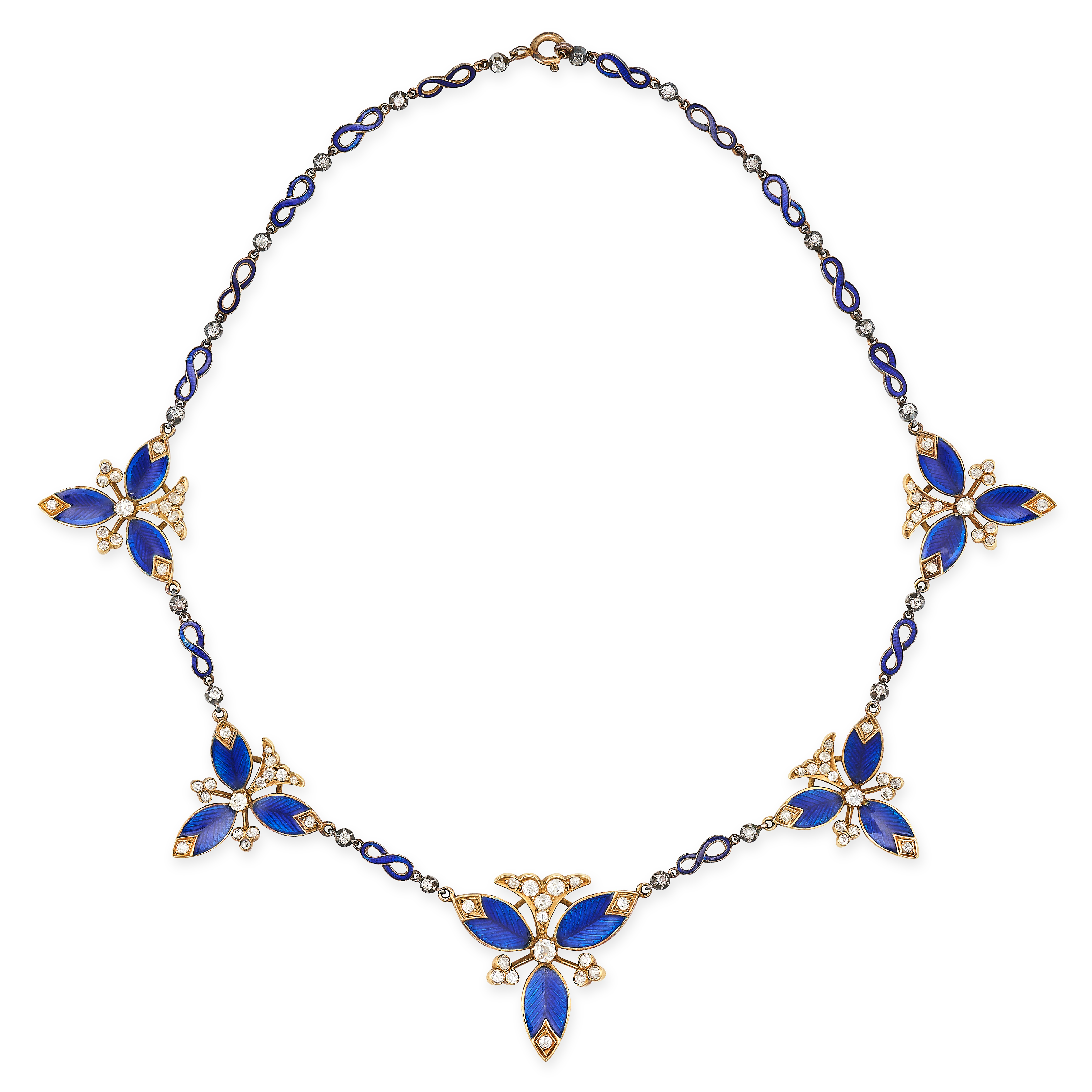 A DIAMOND AND ENAMEL NECKLACE in yellow gold, comprising a row of alternating old cut diamonds an...