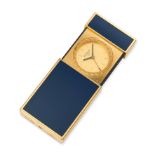 S.T. DUPONT, A BLUE LACQUER TRAVEL CLOCK the gold plated rectangular case decorated with blue lac...