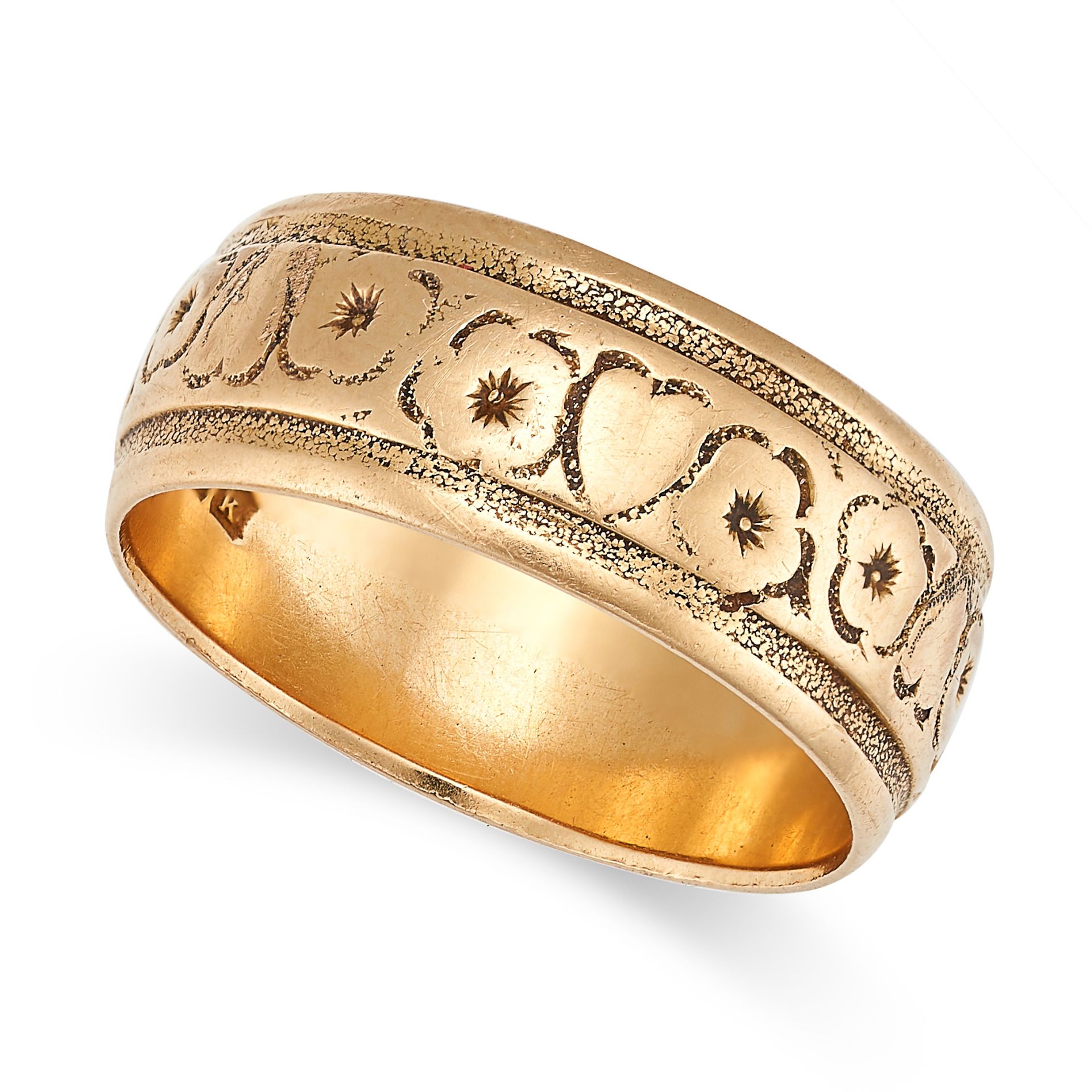 AN ANTIQUE GOLD BAND RING in 18ct yellow gold, the wide band with an engraved foliate design, ful...