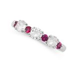 NO RESERVE - A RUBY AND DIAMOND RING in platinum, set with a row of alternating round cut rubies ...