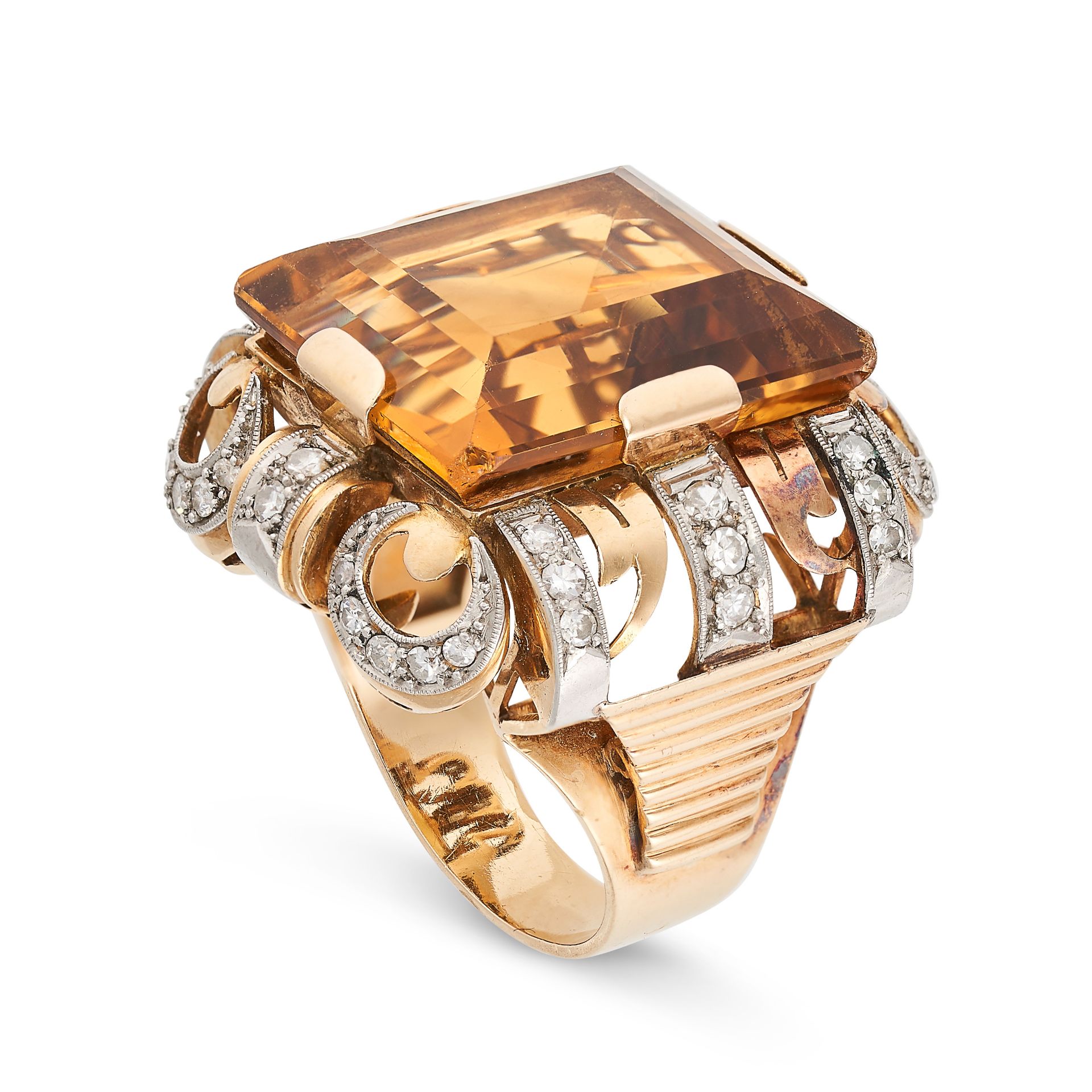 A RETRO CITRINE AND DIAMOND RING COCKTAIL RING in rose and white gold, set with a step cut citrin... - Image 2 of 2