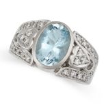 AN AQUAMARINE AND DIAMOND RING in platinum, set with an oval cut aquamarine of approximately 2.06...