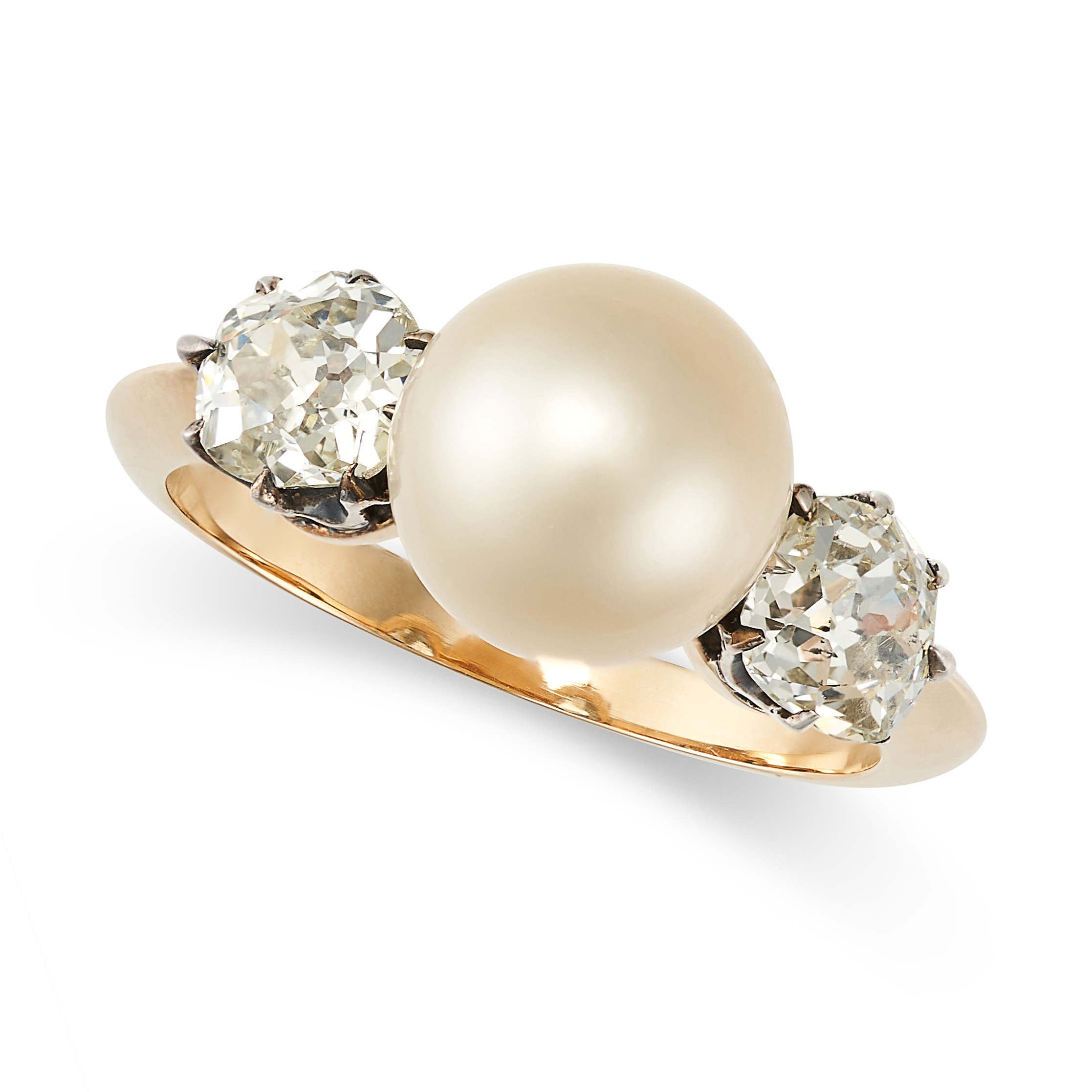 A NATURAL PEARL AND DIAMOND RING in yellow gold, set with a natural pearl of 5.15 carats between ...