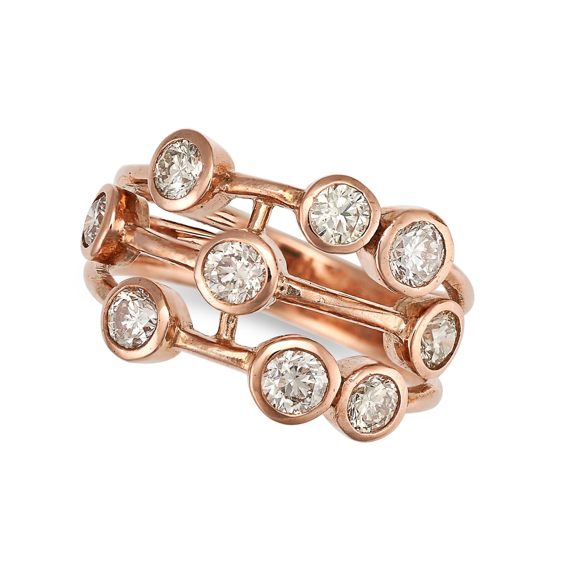 A DIAMOND BUBBLE RING in 9ct rose gold, the trifurcated band set with nine round brilliant cut di...