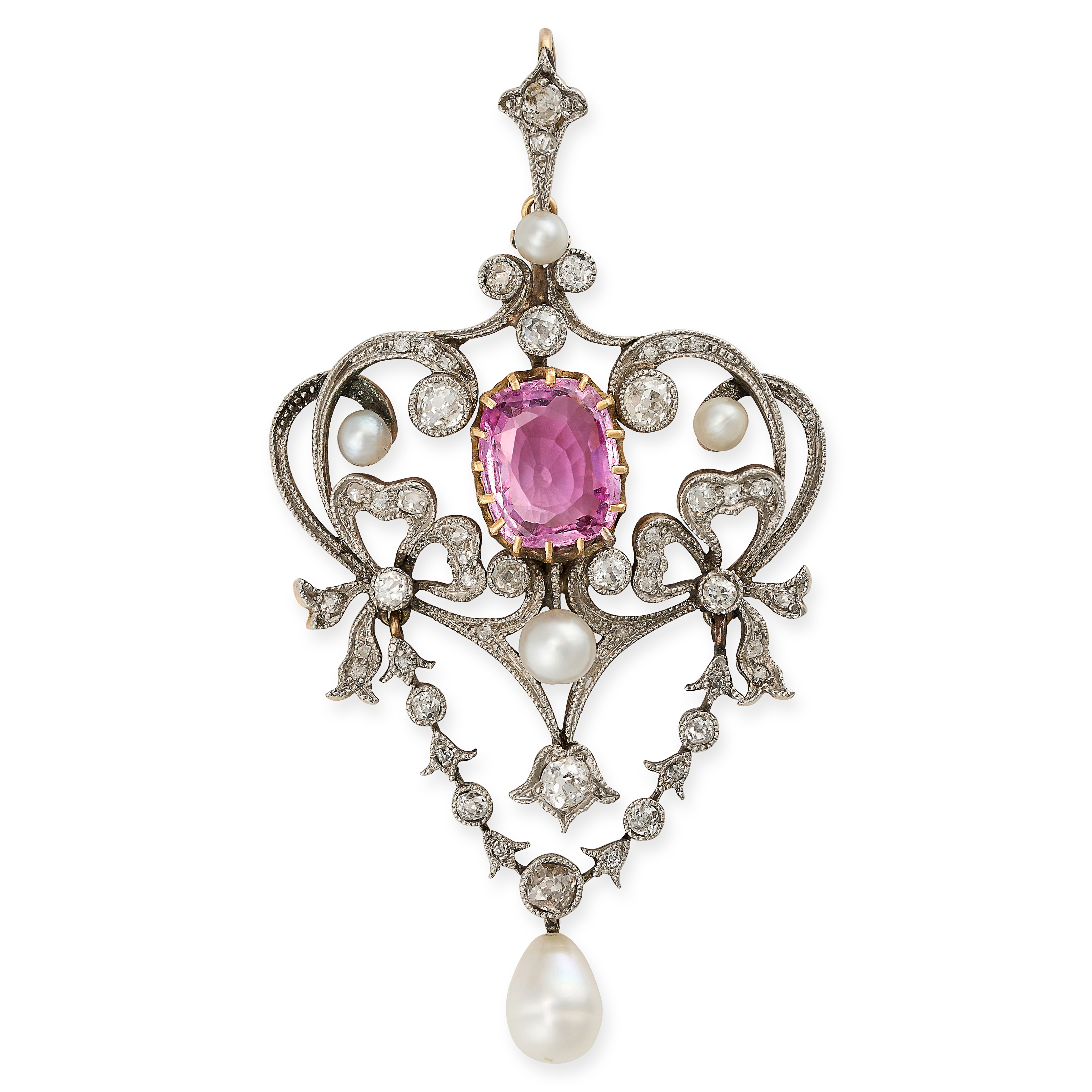 A PINK SAPPHIRE, DIAMOND AND PEARL PENDANT in yellow gold, the centre set with a cushion cut pink...