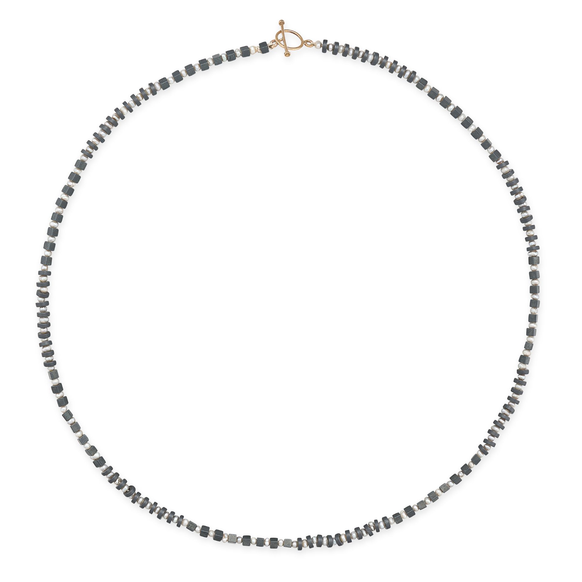 A PEARL AND HEMATITE NECKLACE set with alternating pearls and polished hematite cubes and discs, ...