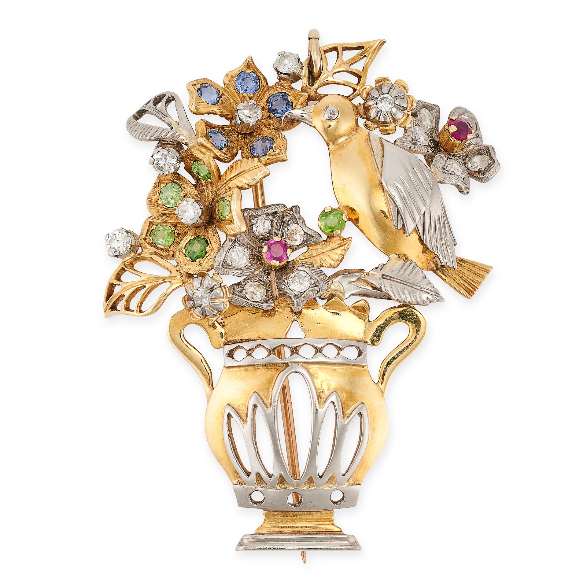 NO RESERVE - A VINTAGE GEMSET BIRD AND FLOWER BROOCH / PENDANT in yellow and white gold, designed...