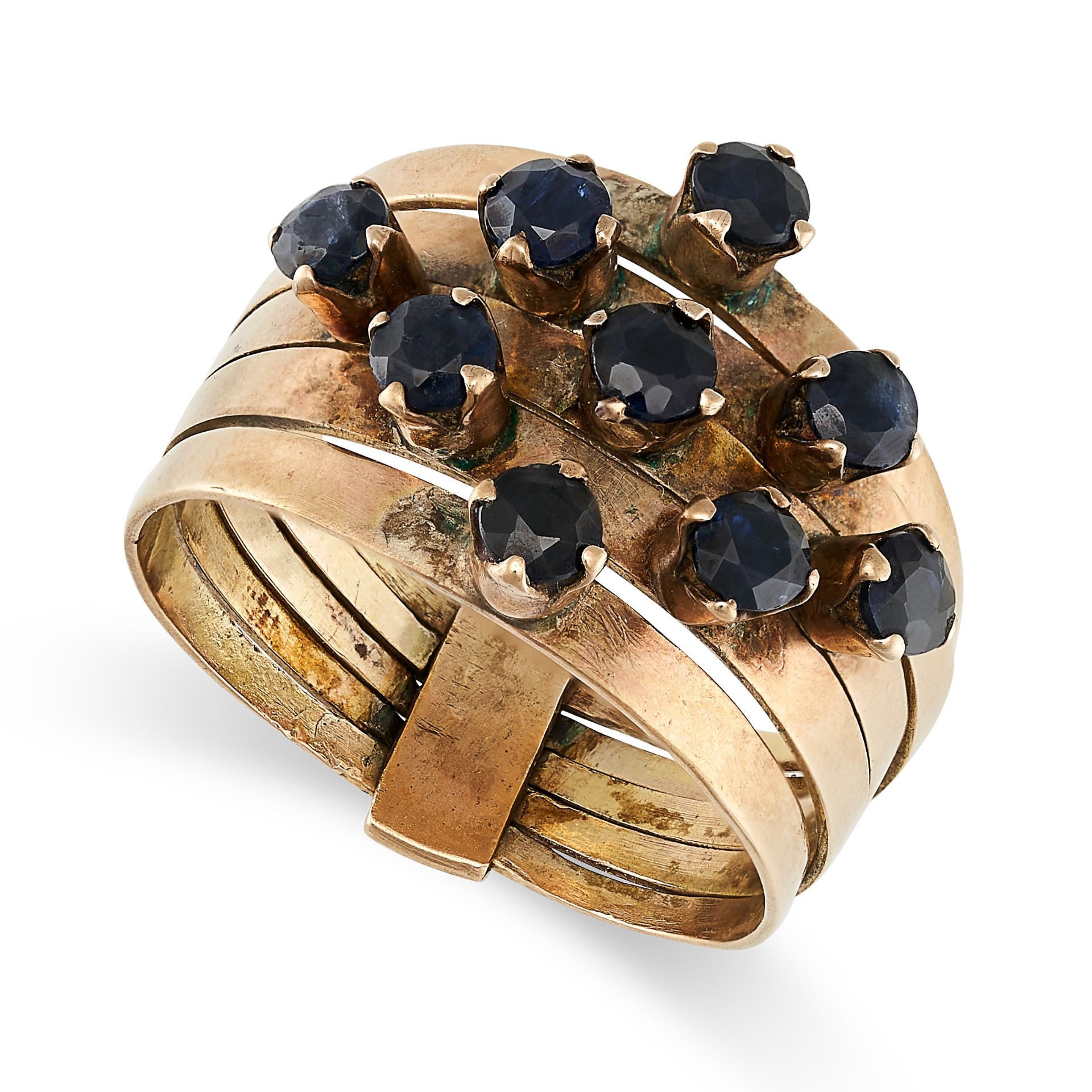 A VINTAGE SAPPHIRE HAREM RING in 18ct yellow gold, comprising five bands each set with round cut ...