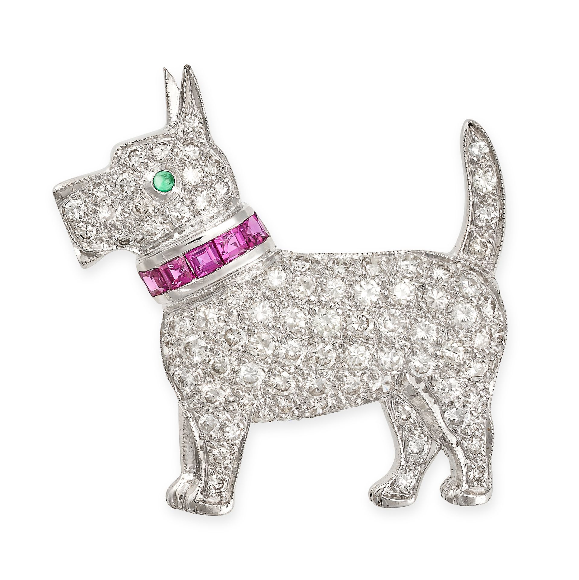 A DIAMOND, RUBY AND EMERALD SCOTTIE DOG BROOCH in white gold, designed as a scottie dog pave set ...