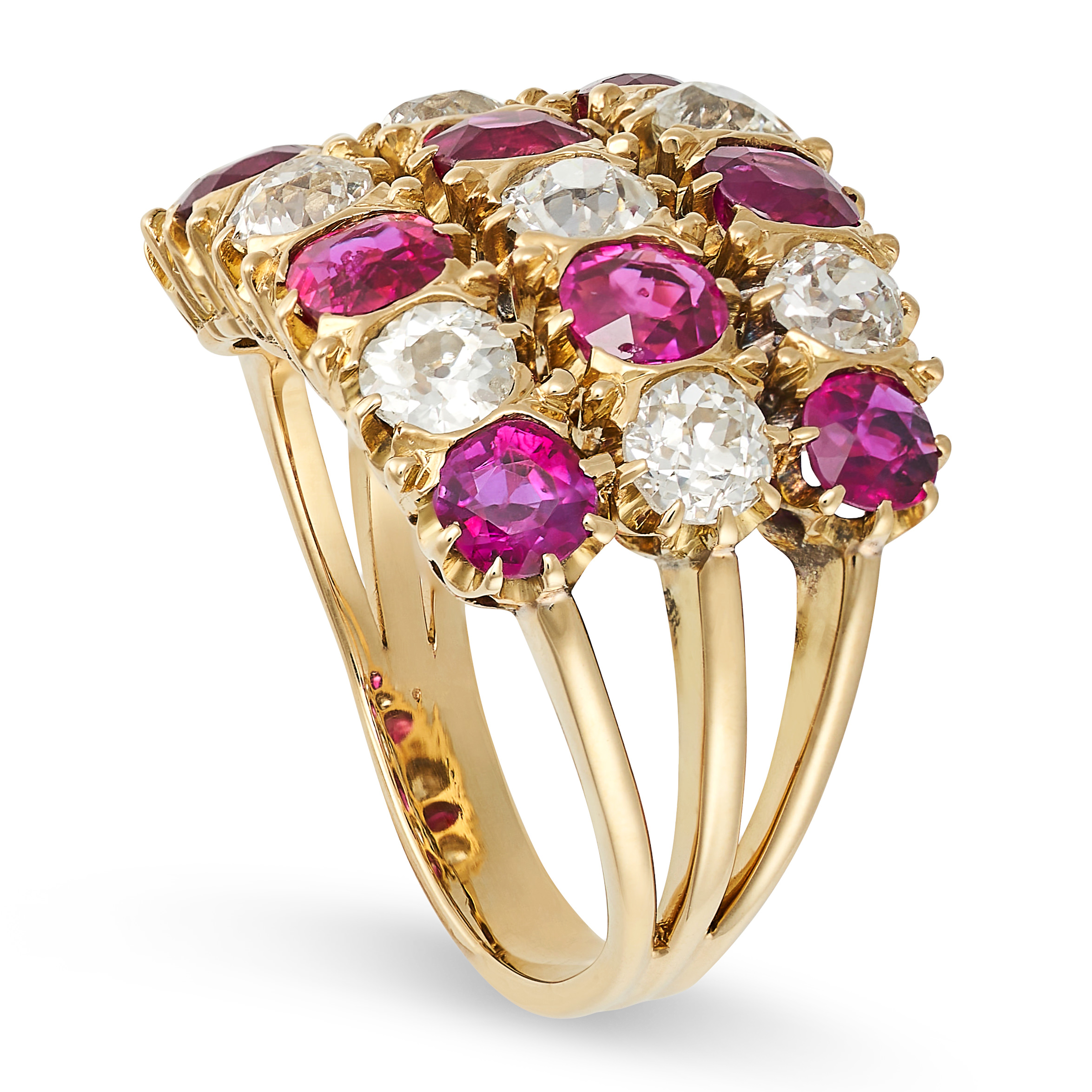 A VINTAGE RUBY AND DIAMOND CHECKERBOARD RING in yellow gold, the ring set with three rows of alte... - Image 2 of 2