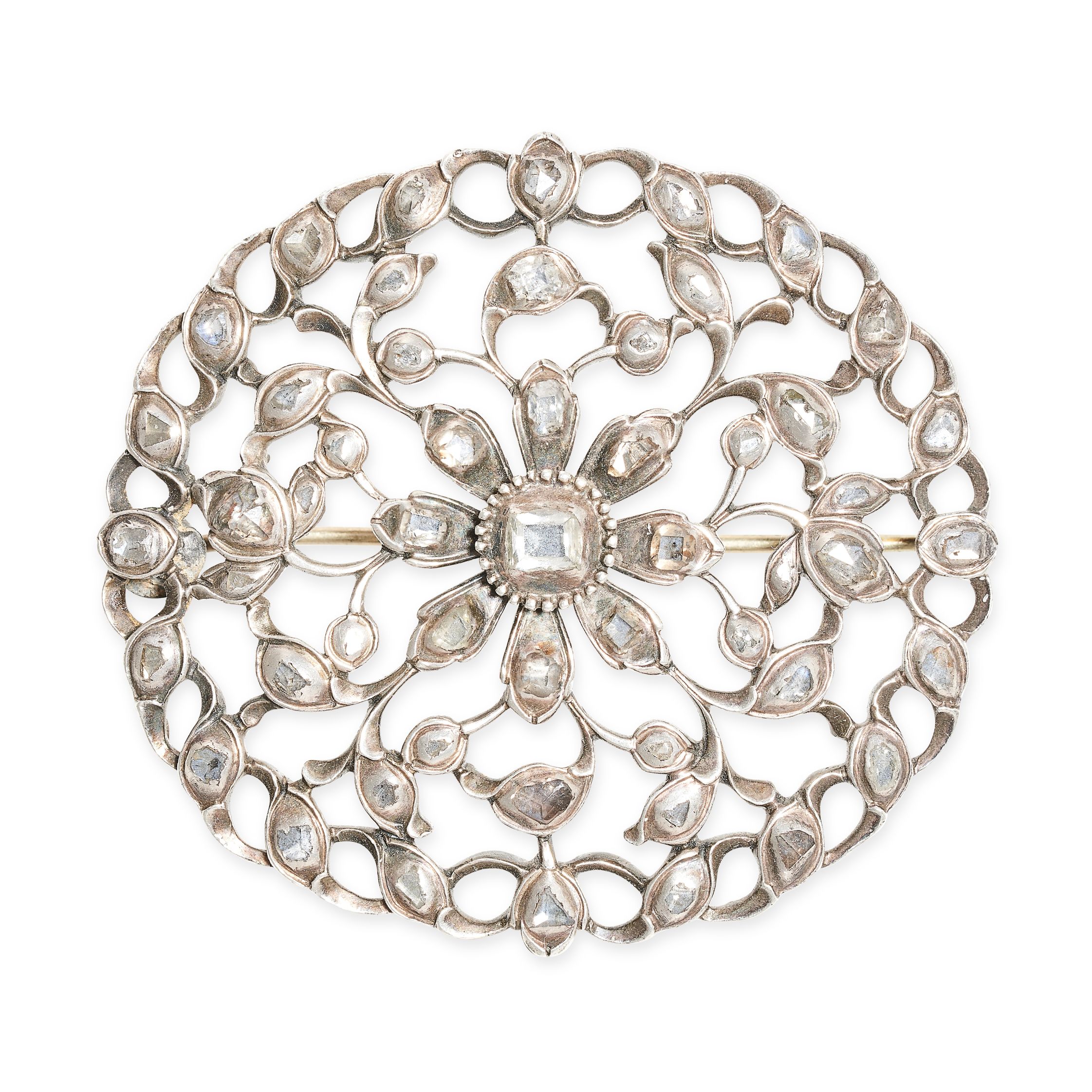 NO RESERVE - AN ANTIQUE DIAMOND BROOCH, 18TH CENTURY the oval body in open foliate design, set wi...