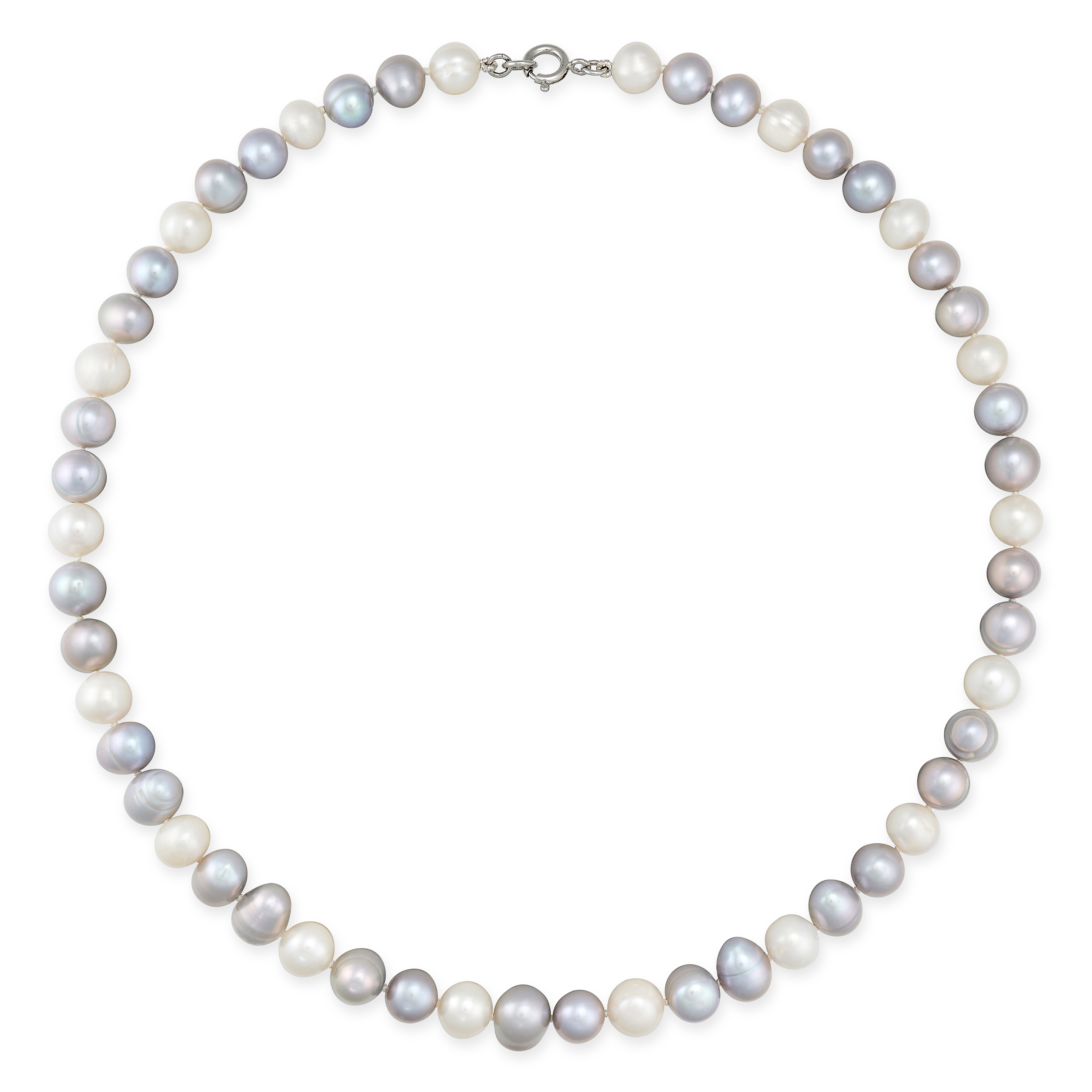 A GREY AND WHITE PEARL NECKLACE in silver, comprising a single row of grey and white pearls, stam...