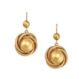 A PAIR OF ANTIQUE VICTORIAN GOLD DROP EARRINGS, 19TH CENTURY in yellow gold, each comprising a go...