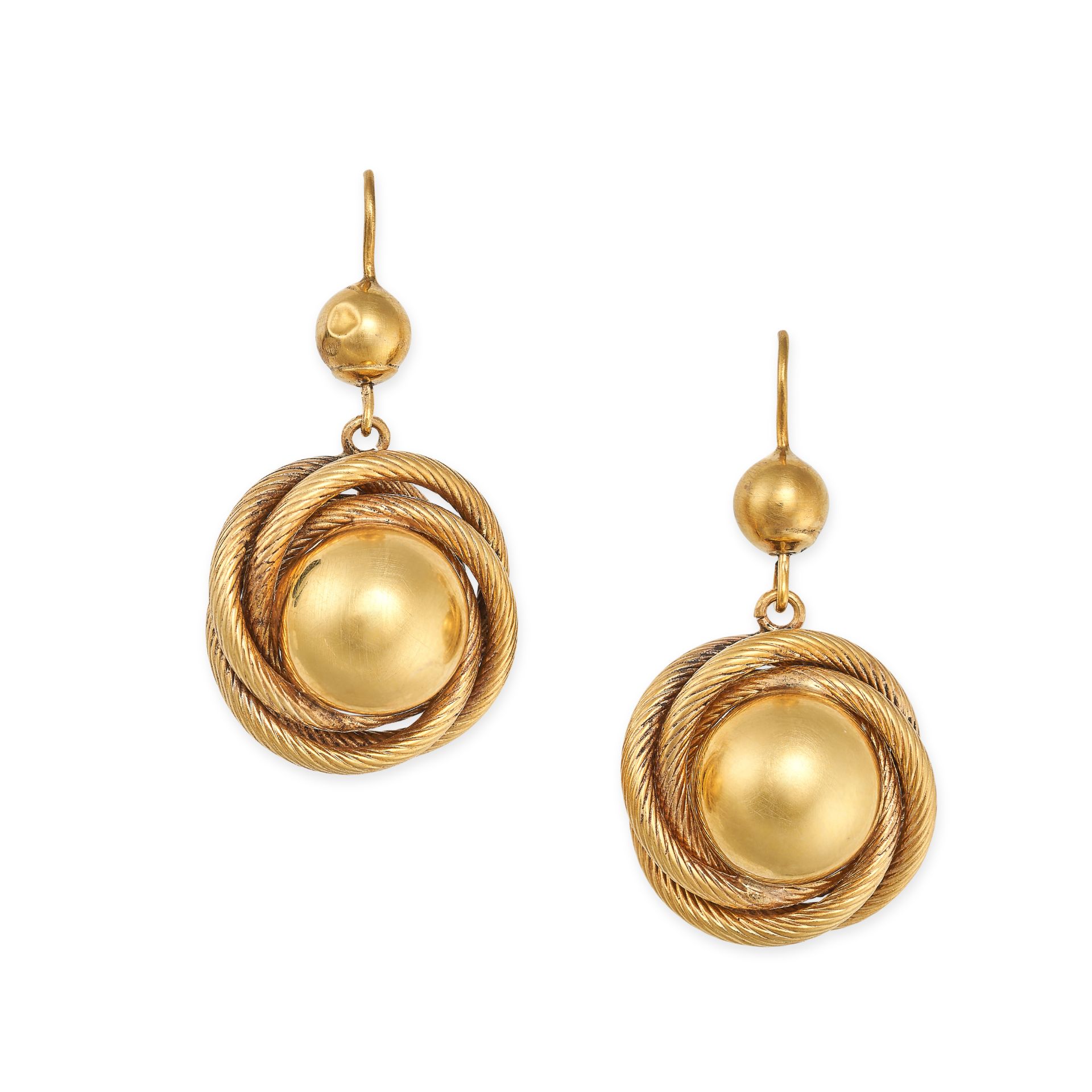 A PAIR OF ANTIQUE VICTORIAN GOLD DROP EARRINGS, 19TH CENTURY in yellow gold, each comprising a go...